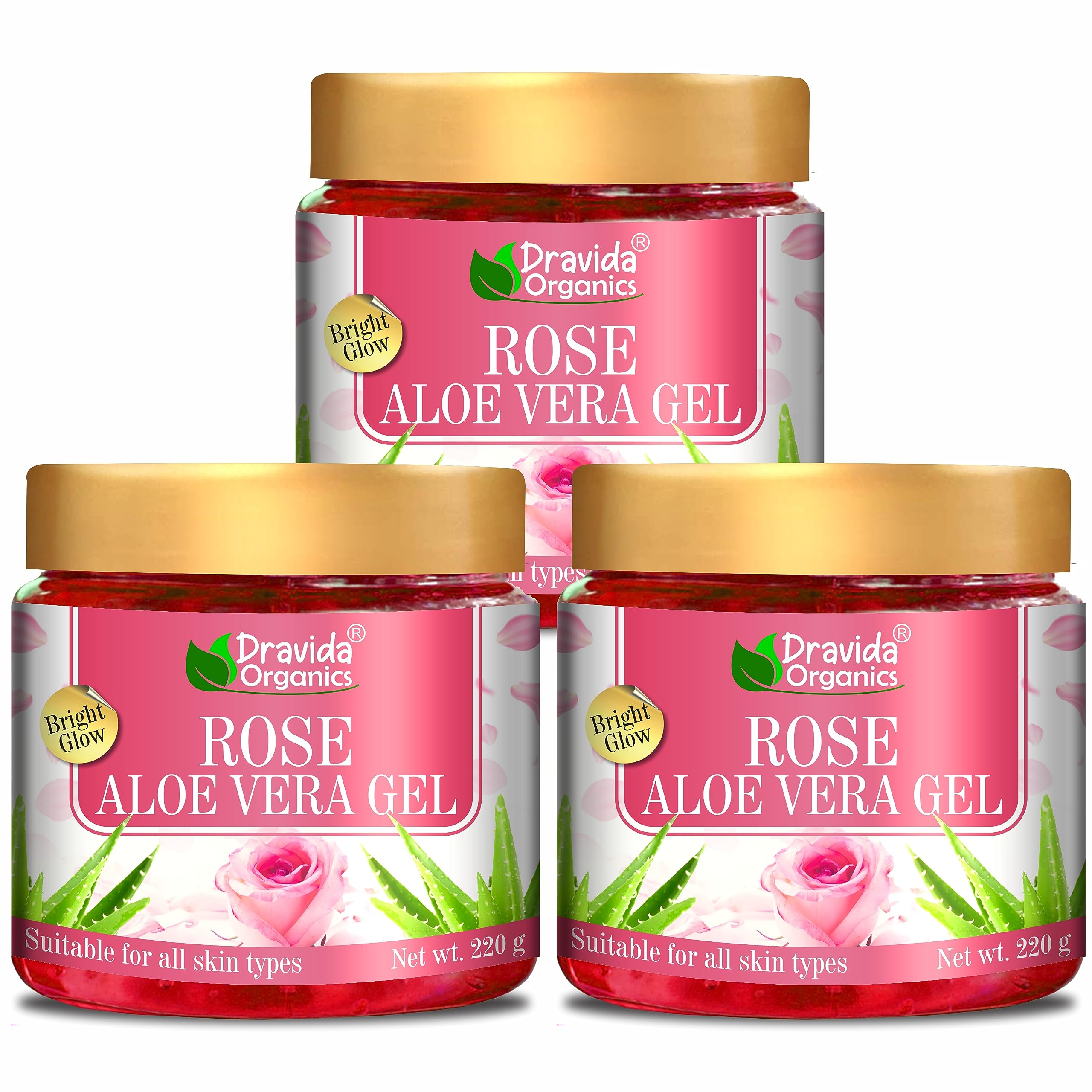 Dravida Organics 100% Pure Rose Aloe Vera Gel for Skin & Hair Care - Hydrating, Soothing, Nourishing (220g x 3 Pack) - Perfect for Sunburn Relief, Daily Moisturizer & Hair Treatment