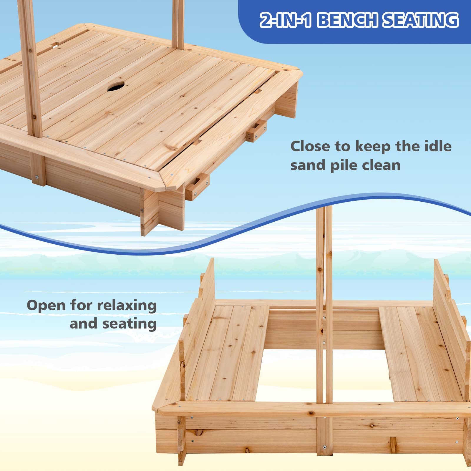 Costzon Kids Wooden Sandbox with Convertible Canopy - Cedar Square Cabana Sandbox with Cover & 2 Bench Seats w/Backrest | Outdoor Playset Sandpit for Toddlers & Children | Perfect for Backyard, Garden, Beach & Outdoor Play Areas