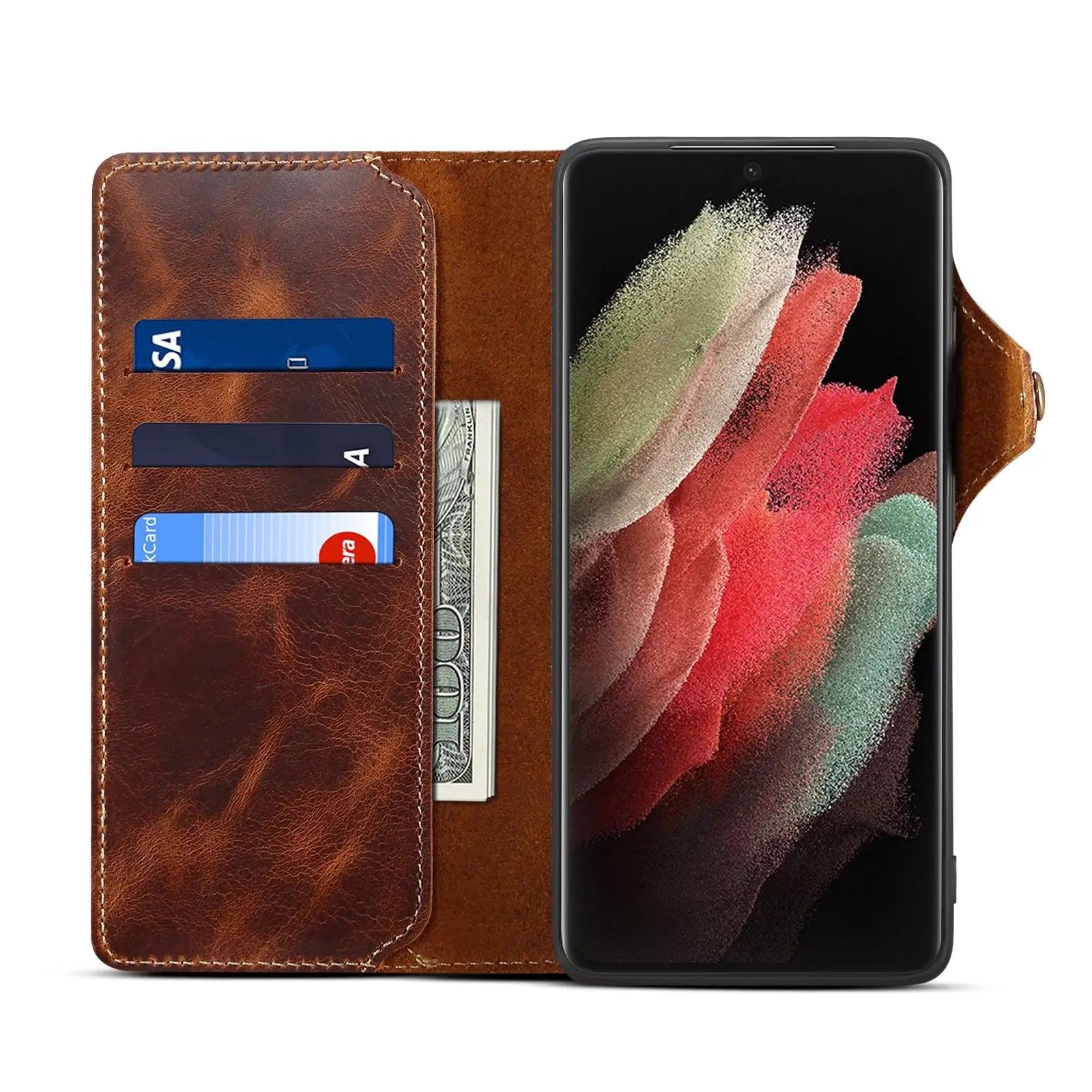 Premium Galaxy S24 Genuine Cowhide Leather Wallet Case - Slim Protective Cover with Card Slots for Daily Use & Travel