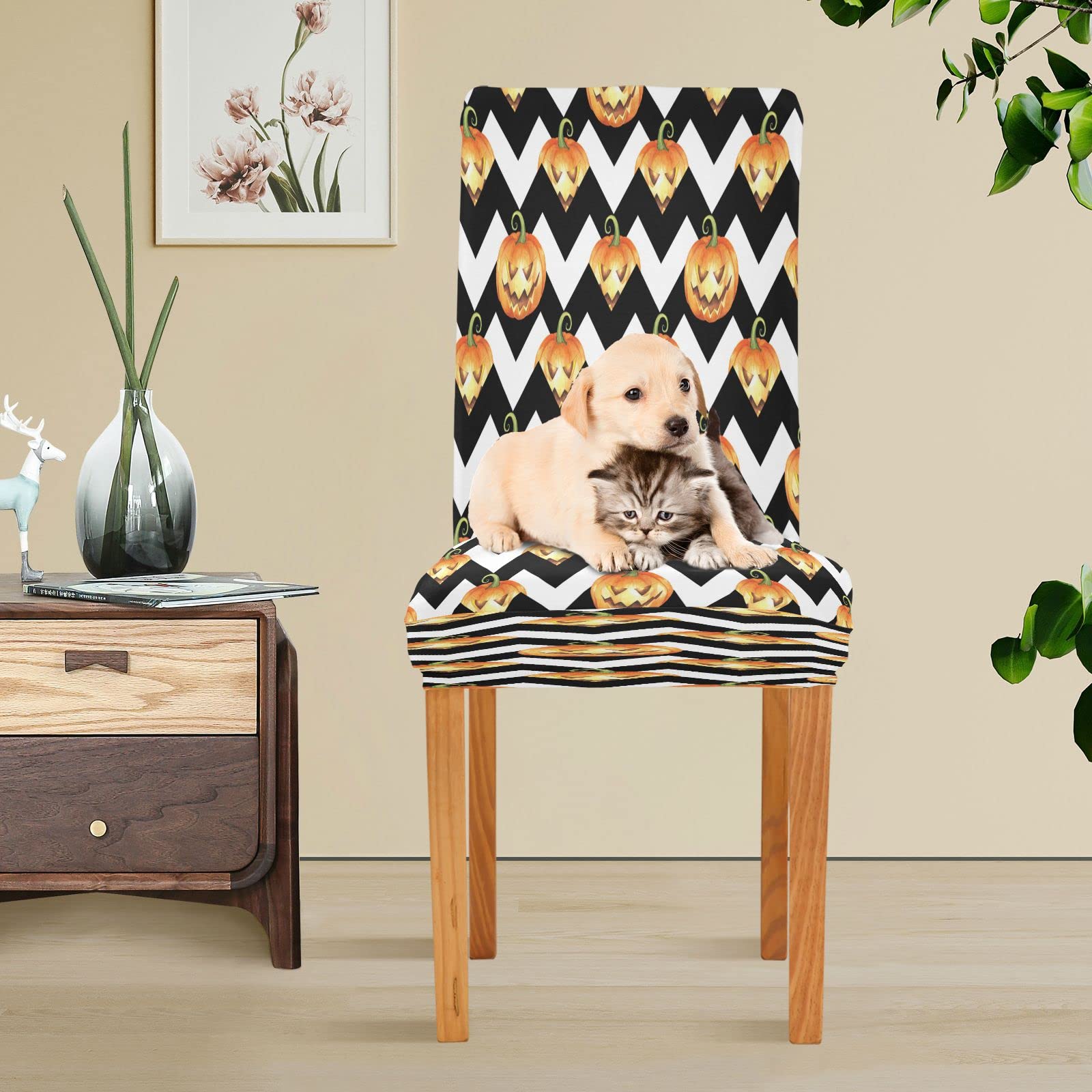 Halloween Pumpkin Striped Chair Covers - Black & White Chevron Stretch Slipcovers (2-Pack) | Removable Dining Seat Protectors for Home, Kitchen, Restaurant & Hotel | Perfect for Autumn Decor & Holiday Parties