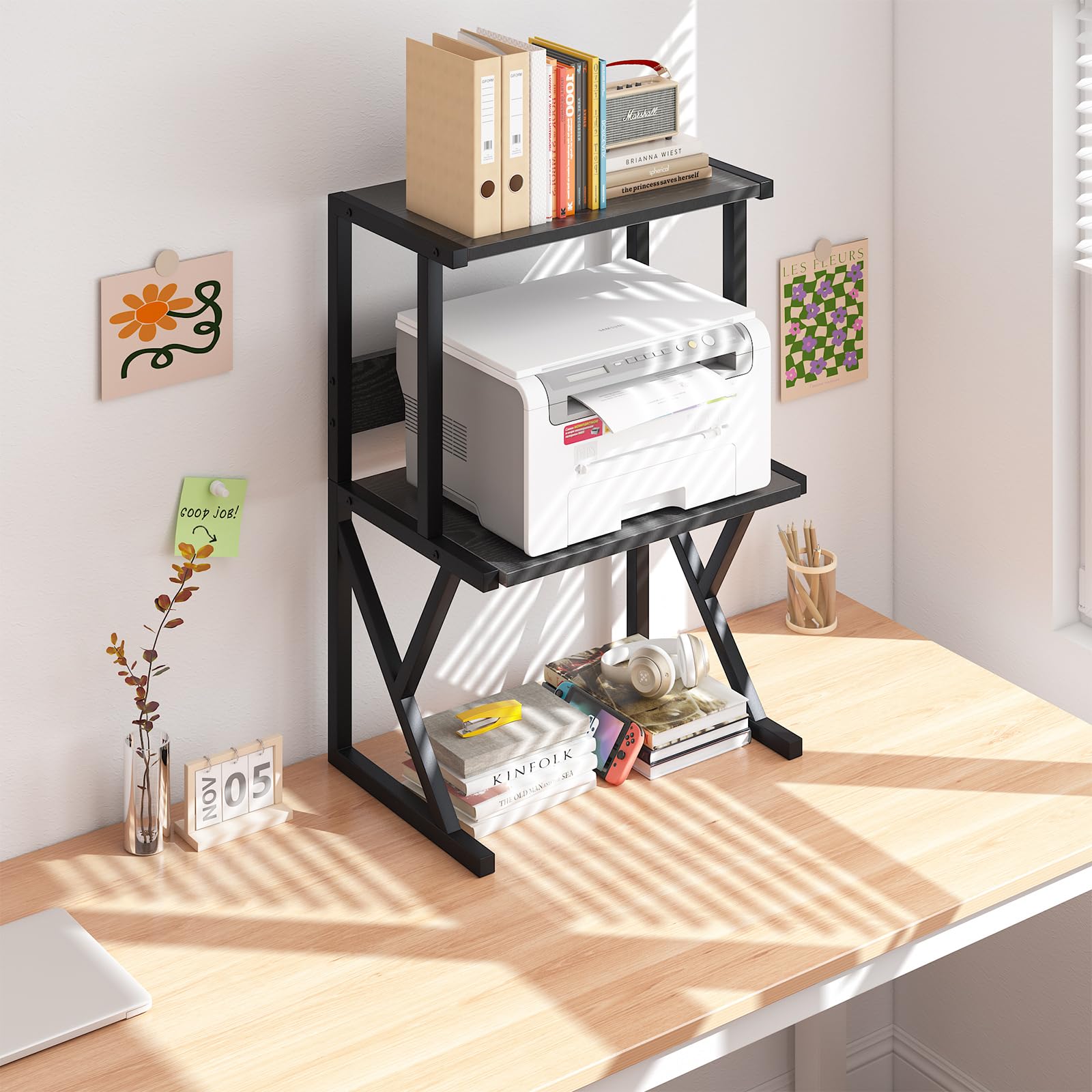 aboxoo 3-Tier Wooden Desktop Printer Stand with Storage Shelves - Under Desk Organizer for Fax Machine, Scanner & Home Office Supplies (Black) - Perfect for Small Spaces & Clutter-Free Workspaces
