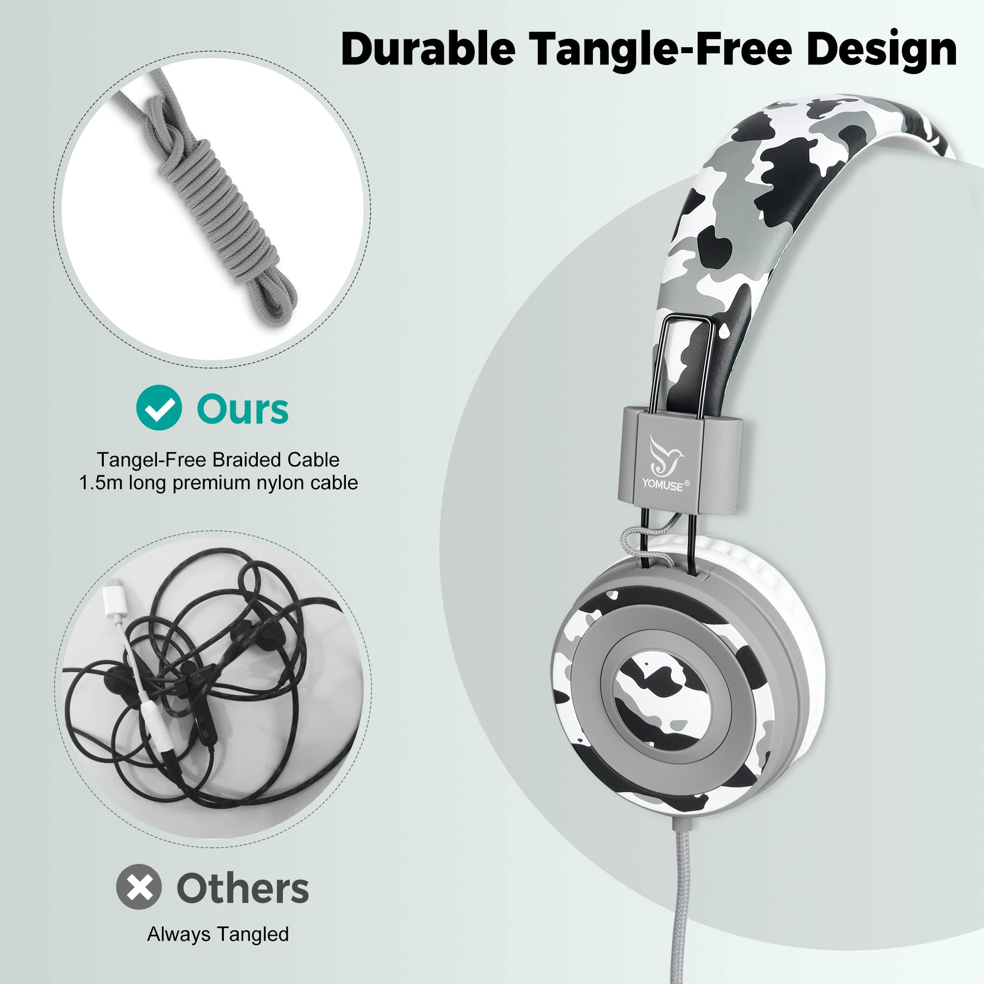 Yomuse C89 Kids Headphones with Microphone - Adjustable, Foldable On-Ear Wired Headphones for School, Travel - Boys, Girls, Adults (Camo Grey) - Perfect for Online Classes, Gaming & Airplane Trips
