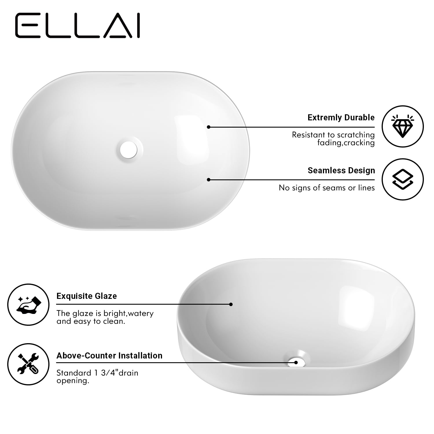 ELLAI Polaris Oval White Ceramic Bathroom Vessel Sink - 23.6