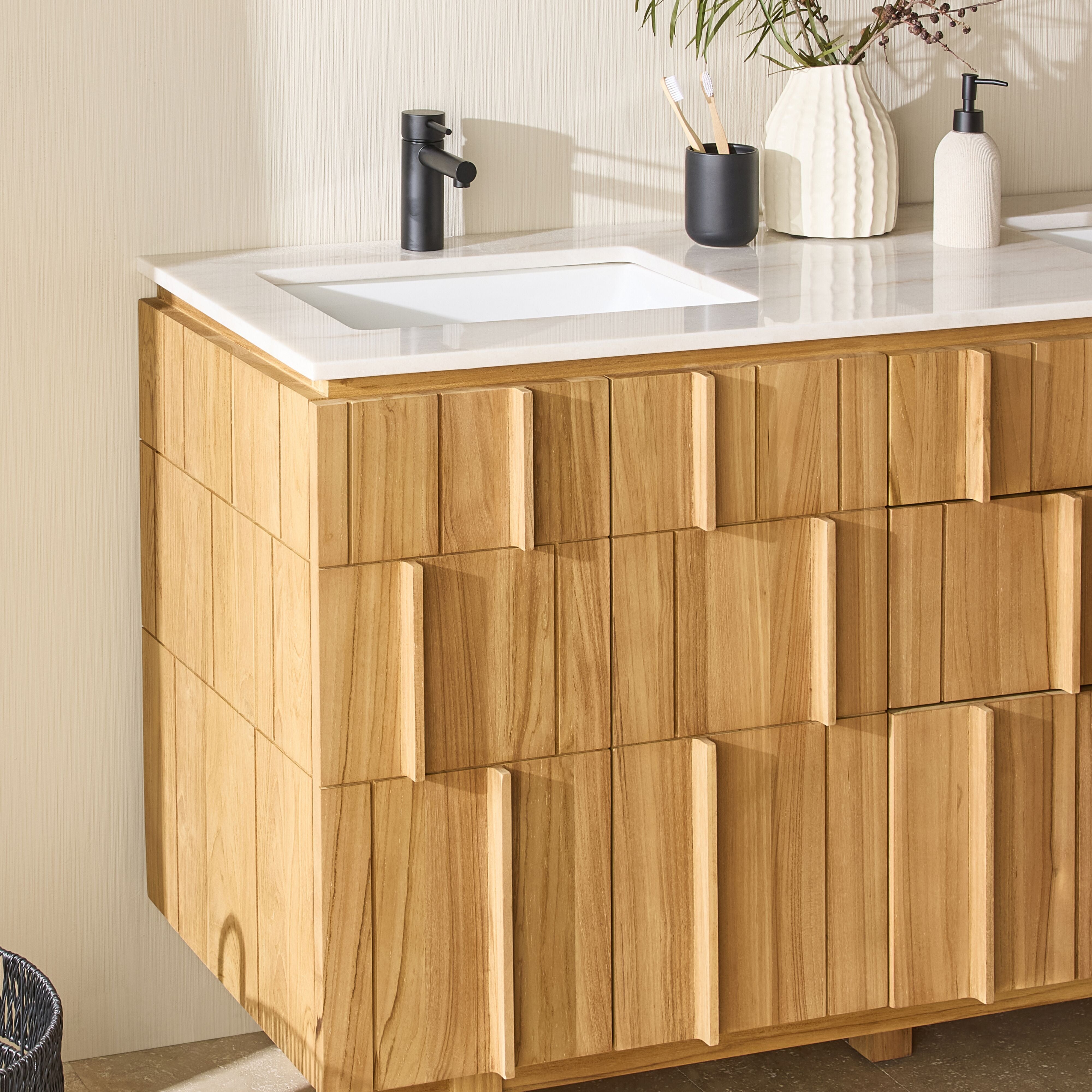 Premium Teak Double Bathroom Vanity with Stone Top - 1510mm Modern Bathroom Set for Master Bath & Guest Suite Renovation