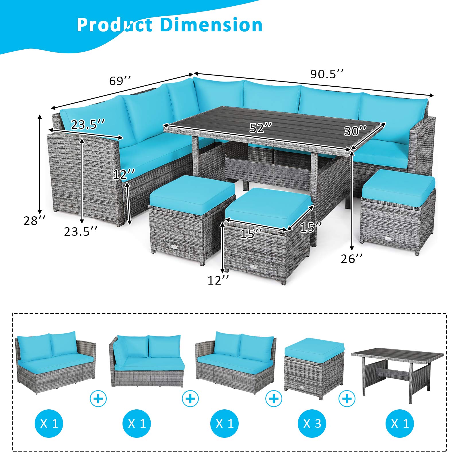 Tangkula 7-Piece Outdoor Patio Furniture Set - All-Weather Wicker Sectional Sofa with Cushions, Dining Table & Ottomans - Turquoise - Perfect for Backyard, Garden, Poolside & Patio Relaxation