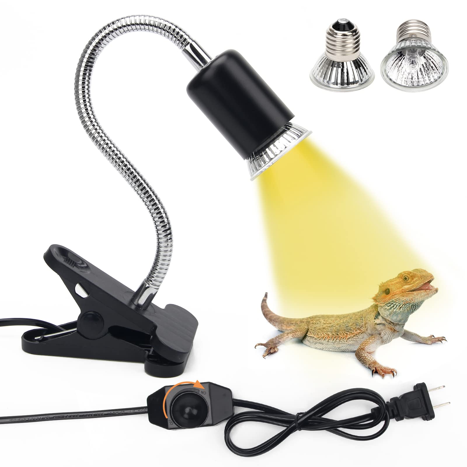 50W UVA UVB Reptile Heat Lamp with 2 Bulbs - 360° Rotatable Adjustable Clips for Turtles, Lizards, Snakes - Perfect for Aquariums, Terrariums & Reptile Habitats - Yellow Light for Daytime Basking & Nighttime Warmth