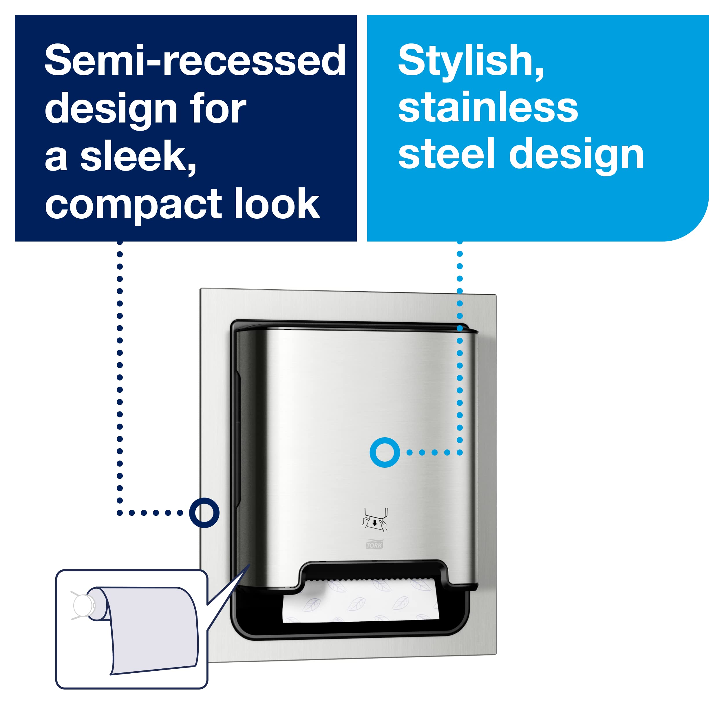 Tork Stainless Steel Paper Hand Towel Dispenser with H1 Refill - 6 Pack Matic Hand Towel Rolls, White & Grey Leaf - Ideal for Restrooms, Kitchens, and Commercial Use