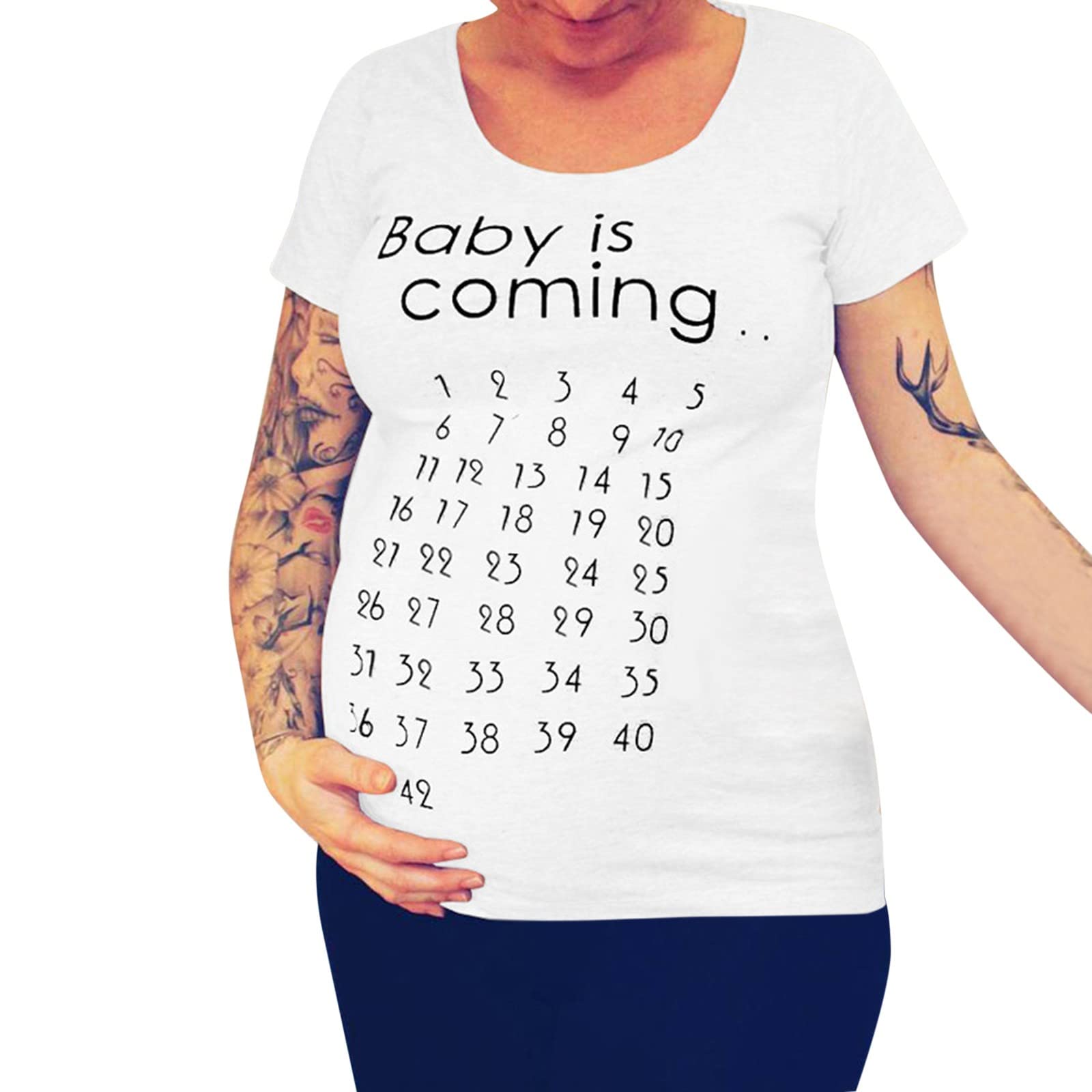 Women's Maternity T-Shirt - Short Sleeve Crew Neck Letter Print Top for Pregnancy - Navy Blue - Perfect for Casual Wear, Maternity Photos & Everyday Comfort