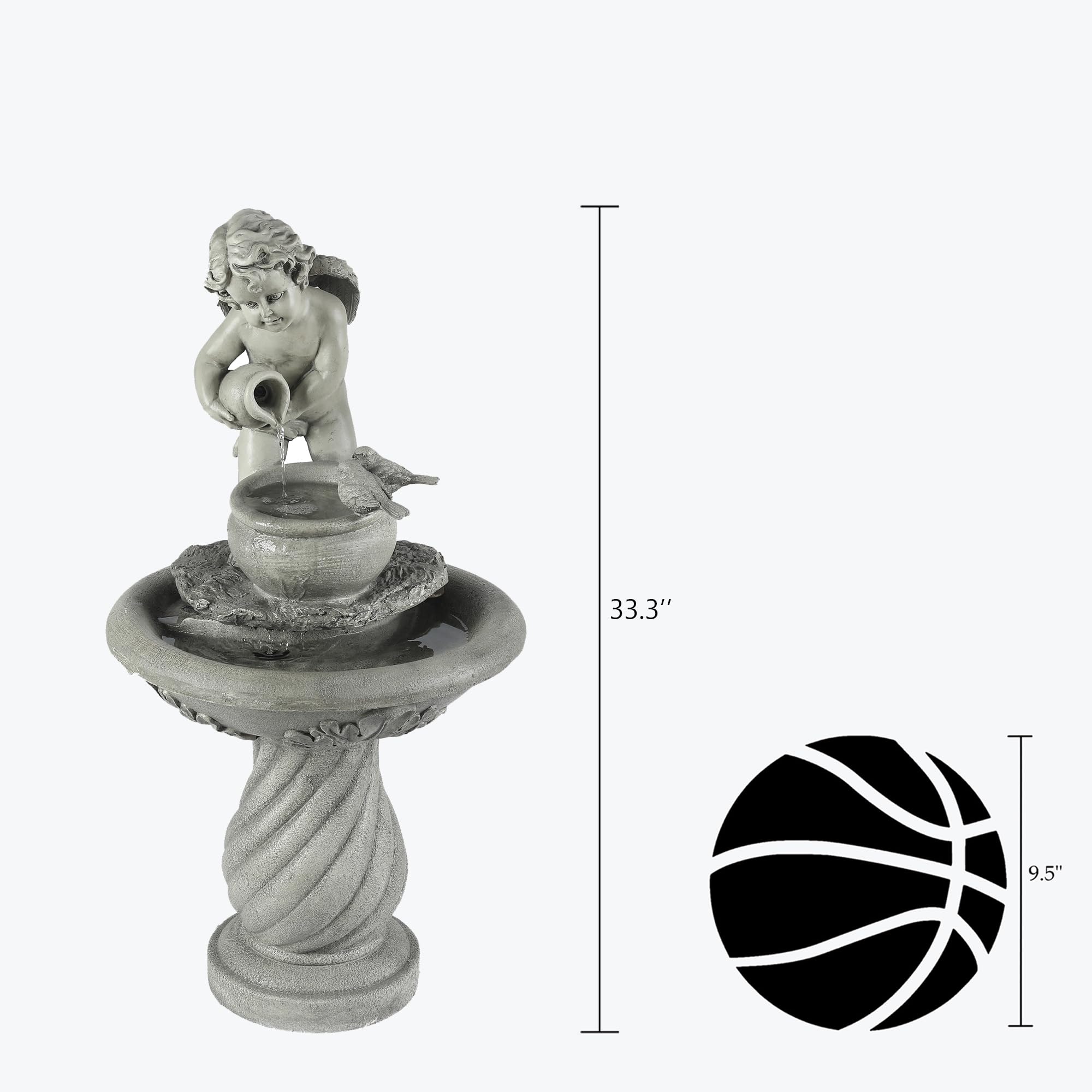 LuxenHome 34 Inch Resin Cherub Angel Water Fountain - Indoor/Outdoor Garden Decor with Birds & Waterfall Feature | Perfect for Backyard, Patio, and Landscape Decoration