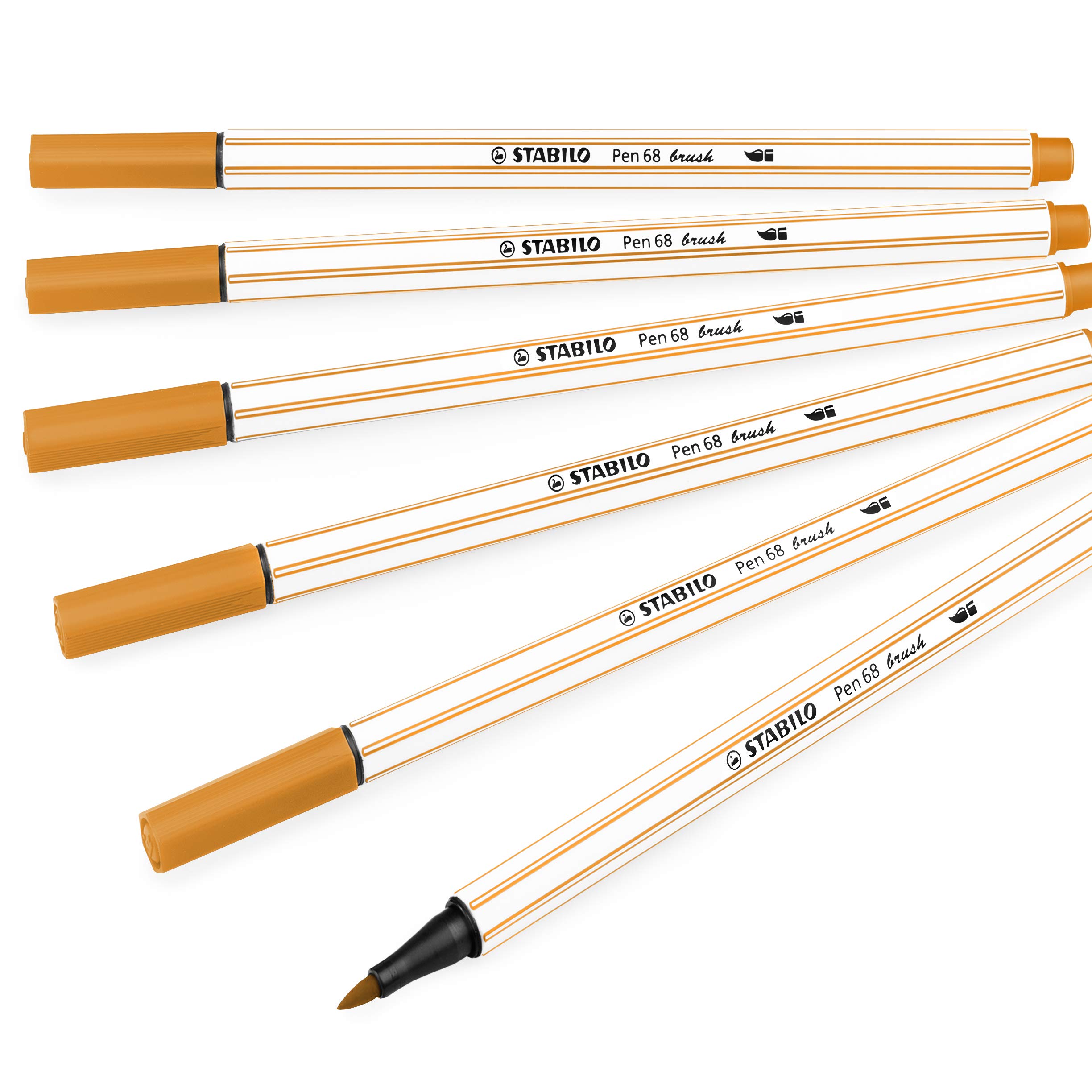 STABILO Pen 68 Brush Premium Felt Tip Pen - 1-3mm Fine Tip - Dark Ochre (568/89) - 6 Pack - Ideal for Calligraphy, Hand Lettering & Art Projects