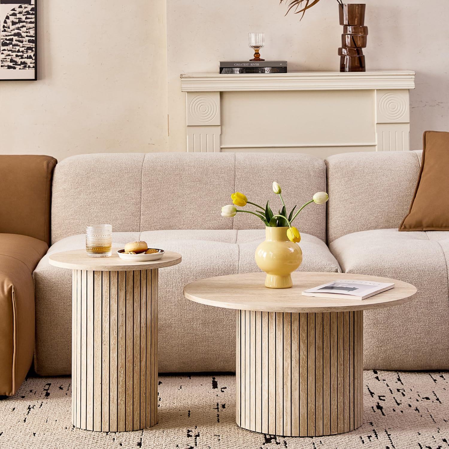 Round Nesting Coffee Tables Set of 2 - Boho Fluted Drum Side & End Tables for Living Room, Bedroom (φ27.6 & φ15.8) | Perfect for Small Spaces, Coffee Table Decor & Modern Home Furnishing