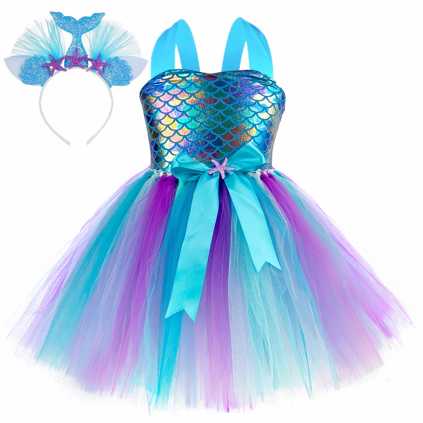 DosTutu Girls Mermaid Dress - 2 Color Options with Matching Headband, Perfect for Birthday Parties, Dress Up & Summer Play - Elegant & Comfortable Kids Costume