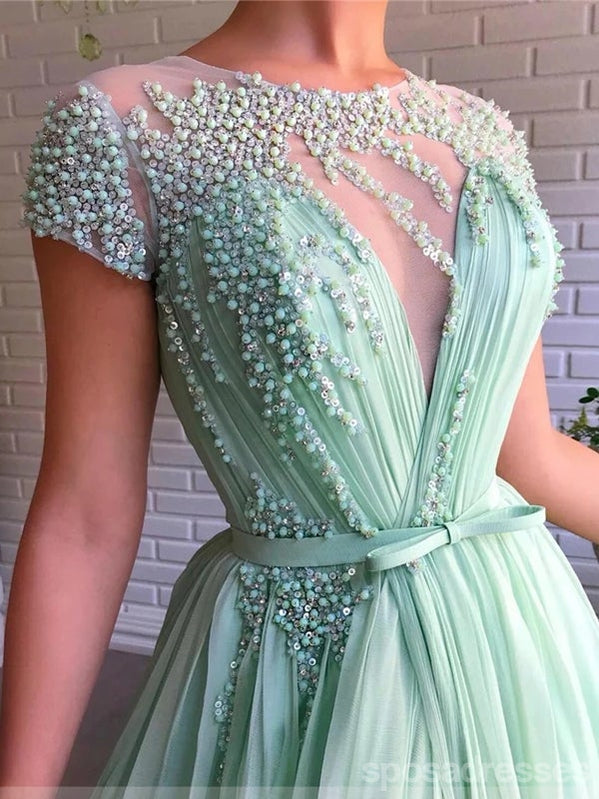 Elegant Mint Green A-Line Short Sleeve Prom Dress with High Slit - Formal Evening Gown for Homecoming, Prom Night & Special Occasions