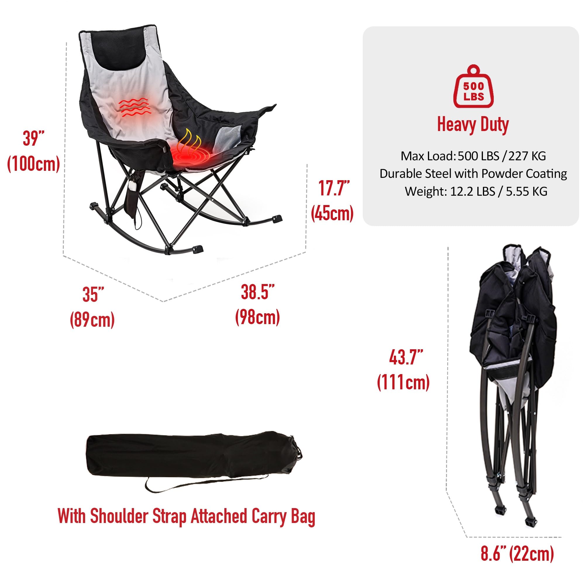 **SUNNYFEEL Heated Rocking Camping Chair - 500lbs Heavy Duty Folding Chair with Back & Seat Heating for Outdoor Sports, Patio, and Winter Camping - Fully Padded Portable Heated Rocker for Adults**    *(Perfect for camping, fishing, tailgating, backyard relaxation, and cold-weather outdoor activities!)*