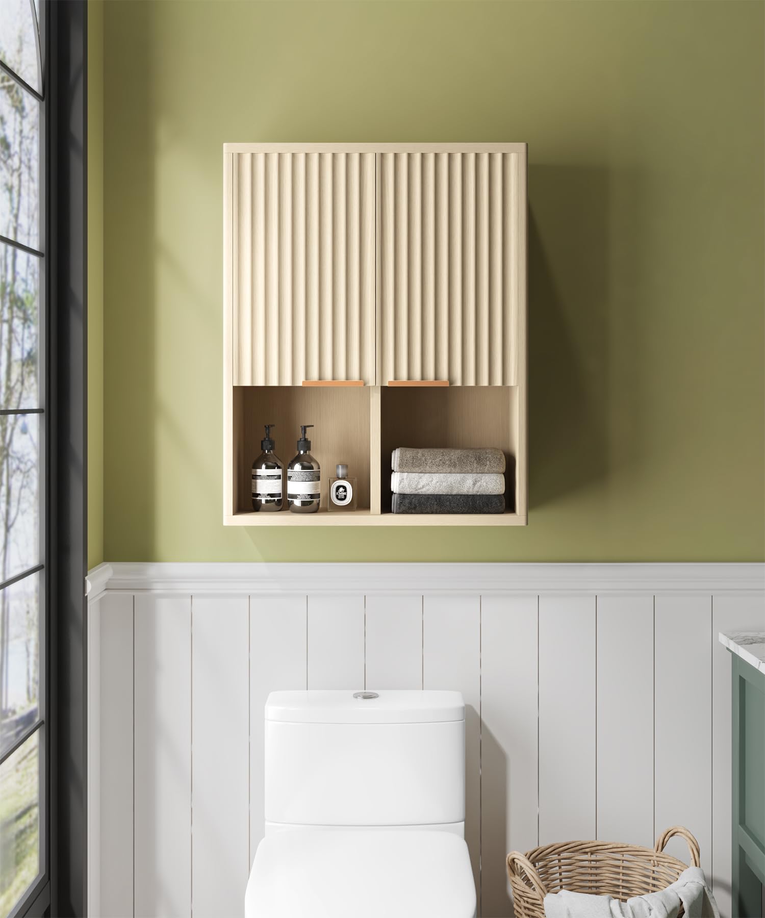 HAIOOU Fluted Wave Design Wooden Medicine Cabinet with Motion Sensor Light - Wall Mounted Bathroom Storage with Buffering Hinges, Over Toilet Organizer for Modern Home Decor (Natural Finish)
