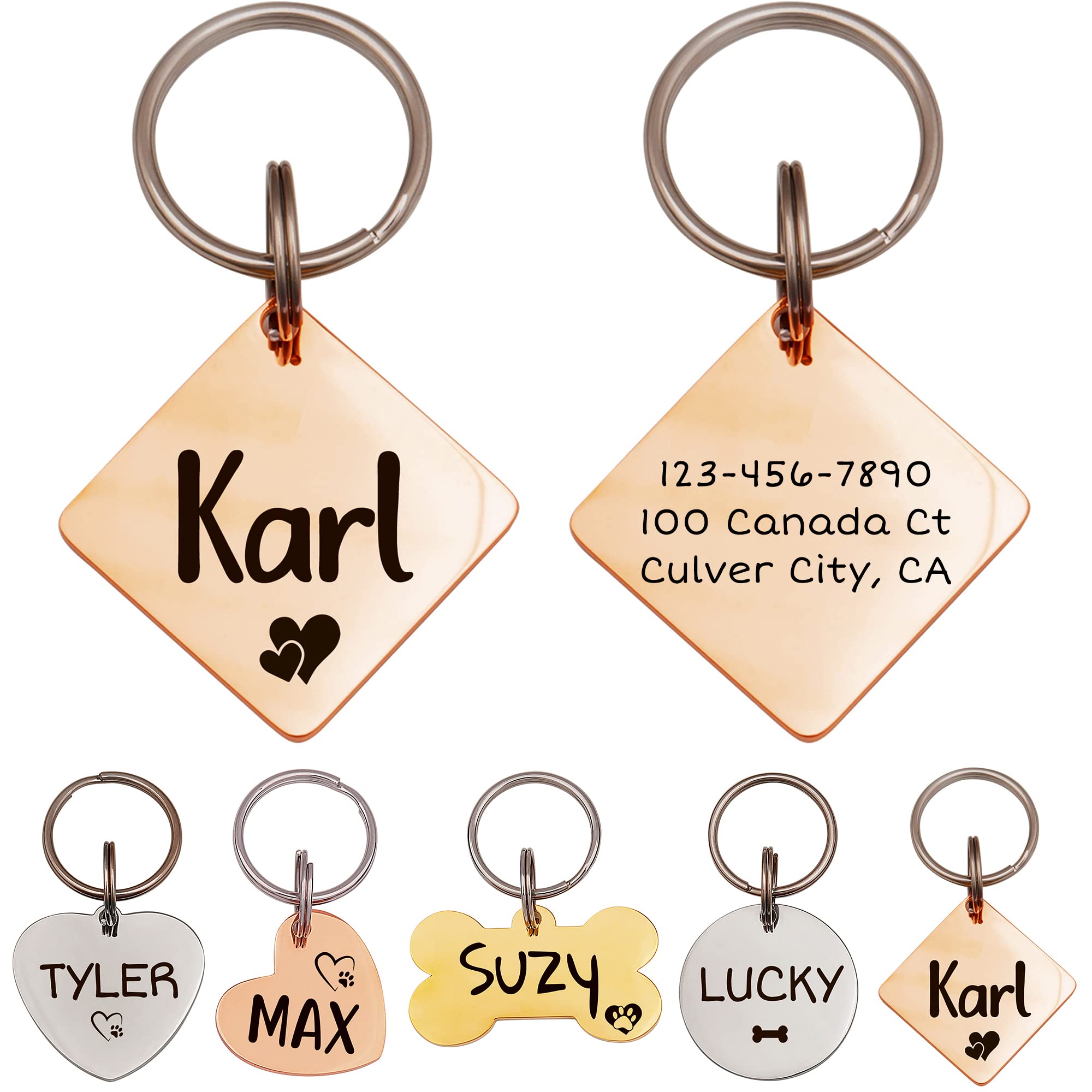 Anavia Personalized Pet ID Tags - Glossy Stainless Steel Name Tags for Dogs & Cats - Rose Gold Diamond Shape Collar Tag (Medium Size) - Perfect for Pet Safety & Identification