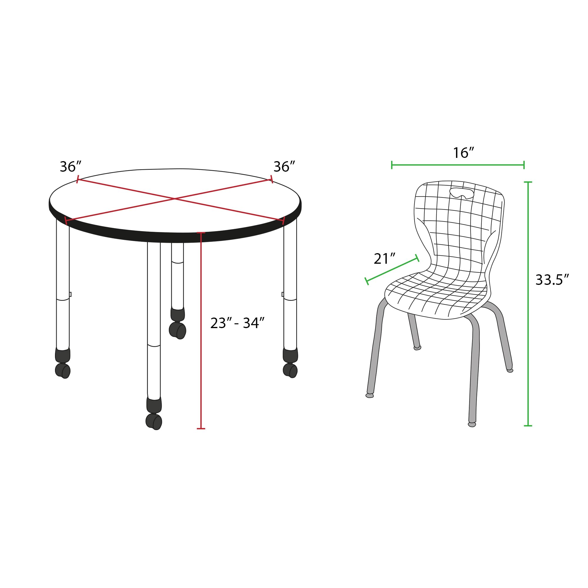 Regency Kee Height Adjustable Mobile Classroom Table Set with 4 Chairs - 36