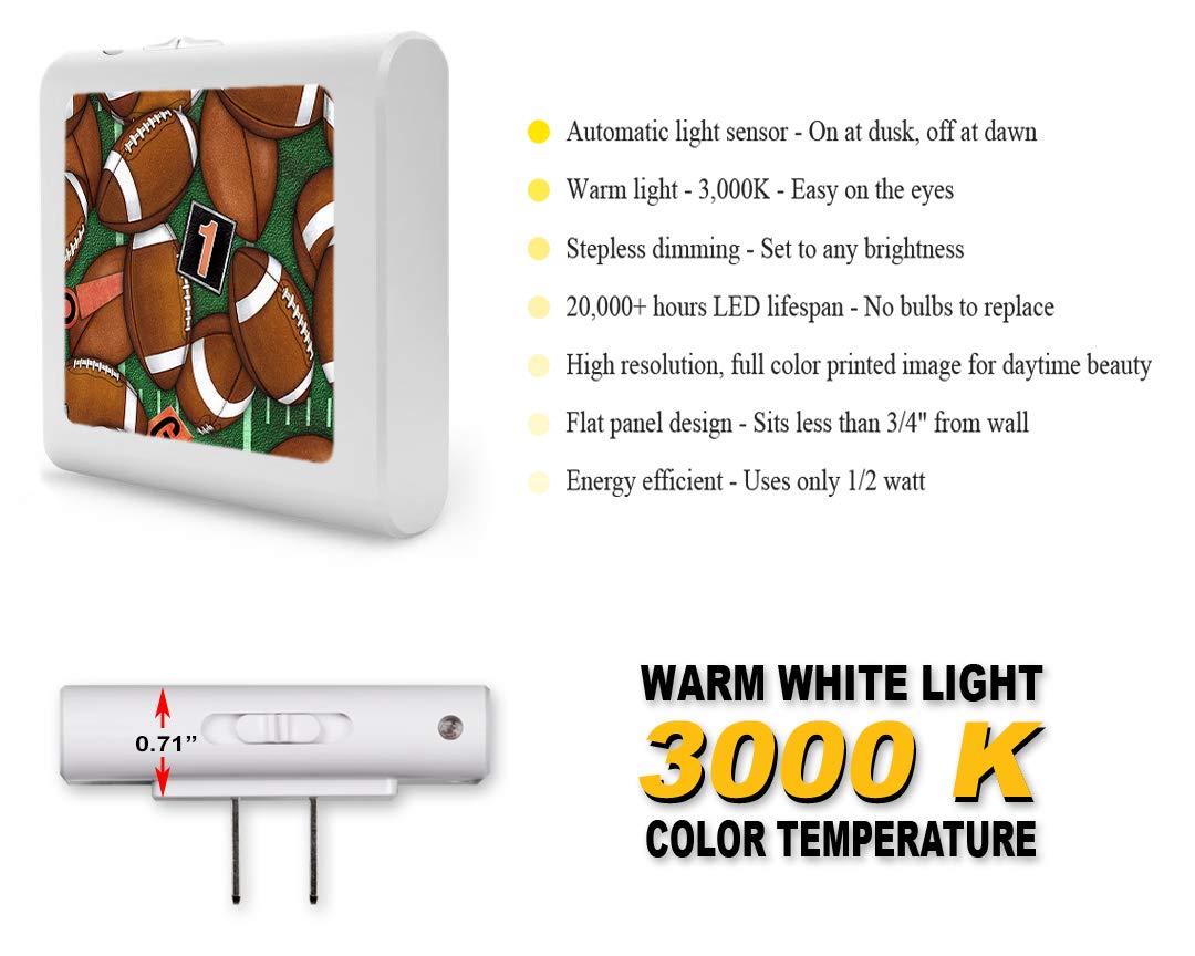 Dimmable LED Night Light with Auto On/Off Sensor - Adjustable Brightness Warm Light for Bathroom, Hallway, Nursery & Bedroom (Football Design) - Perfect for Kids Rooms, Stairs Safety & Nighttime Navigation