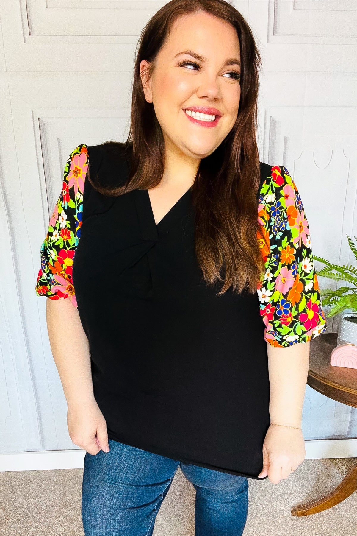 Eyes On You Black Floral Puff Sleeve V Neck Top - Women's Fashion Blouse for Date Night & Special Occasions