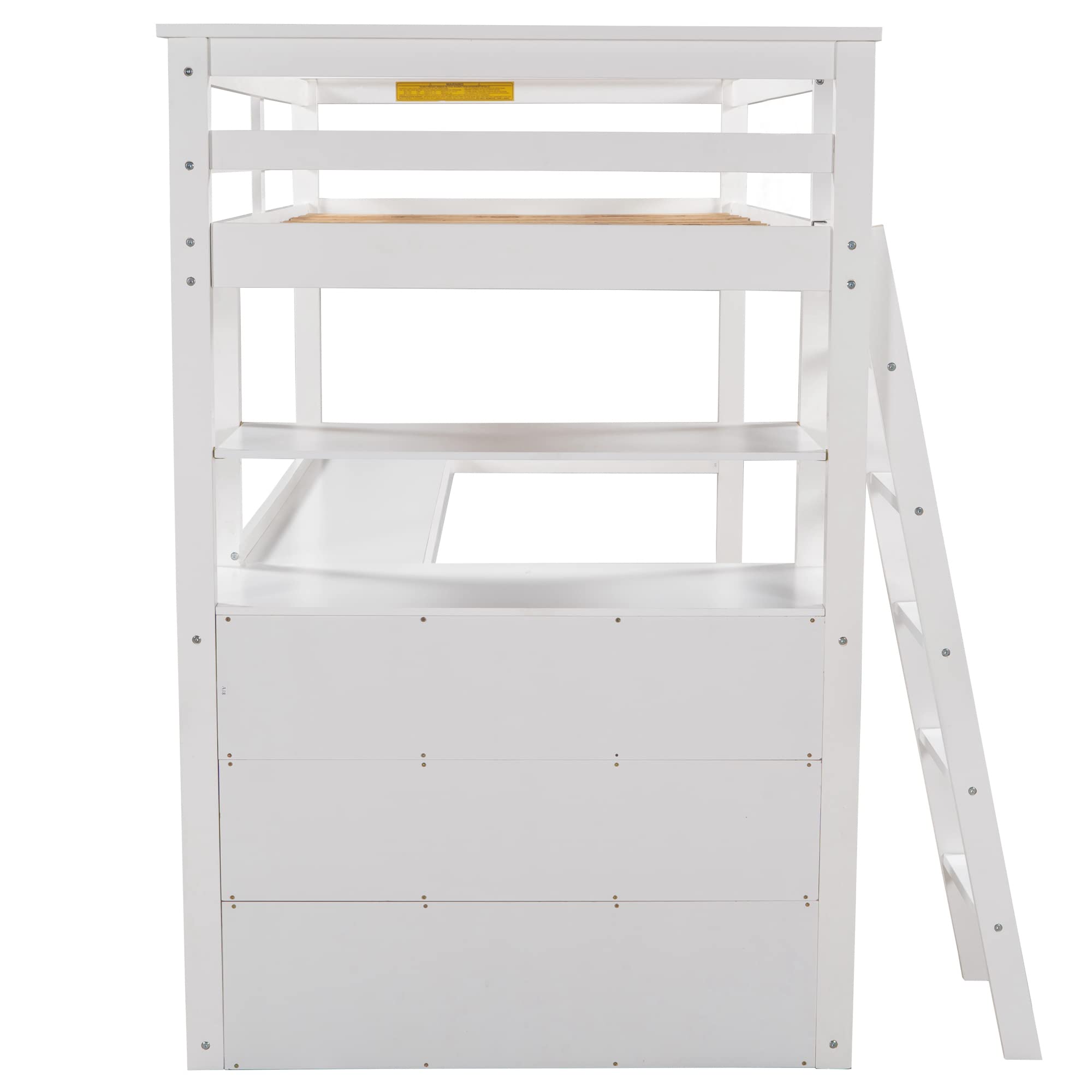 Twin Size Wood Loft Bed with Desk, Shelves & Storage Drawers - Sturdy Study Bed Frame for Kids, Teens & Adults - Perfect for Small Bedrooms, Dorm Rooms & Home Offices (White)