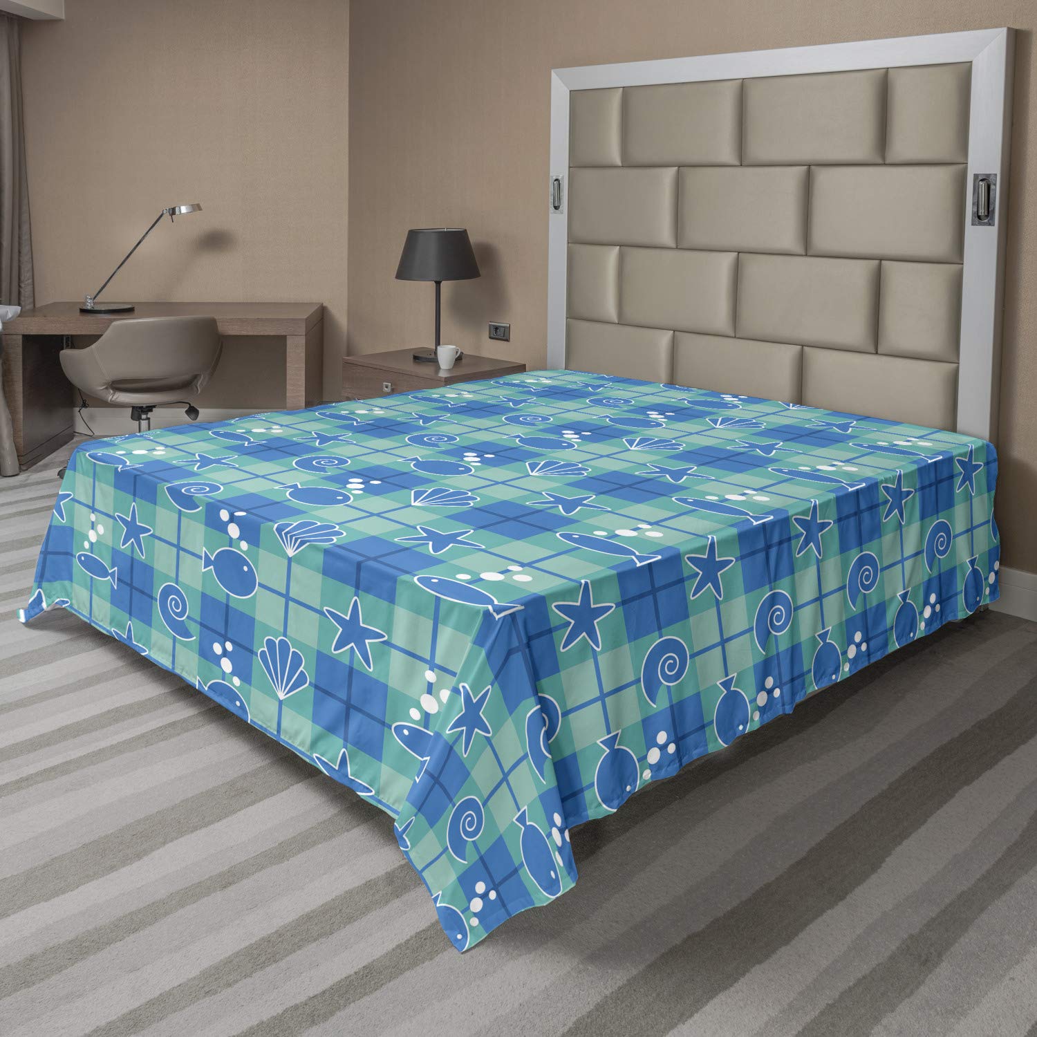 Ambesonne Queen Size Flat Sheet - Soft Plaid Pattern with Cartoon Sea Shells, Fish & Starfish Design in Mint Green, Blue & White | Comfortable Decorative Bedding for Beach House, Guest Room & Coastal Decor