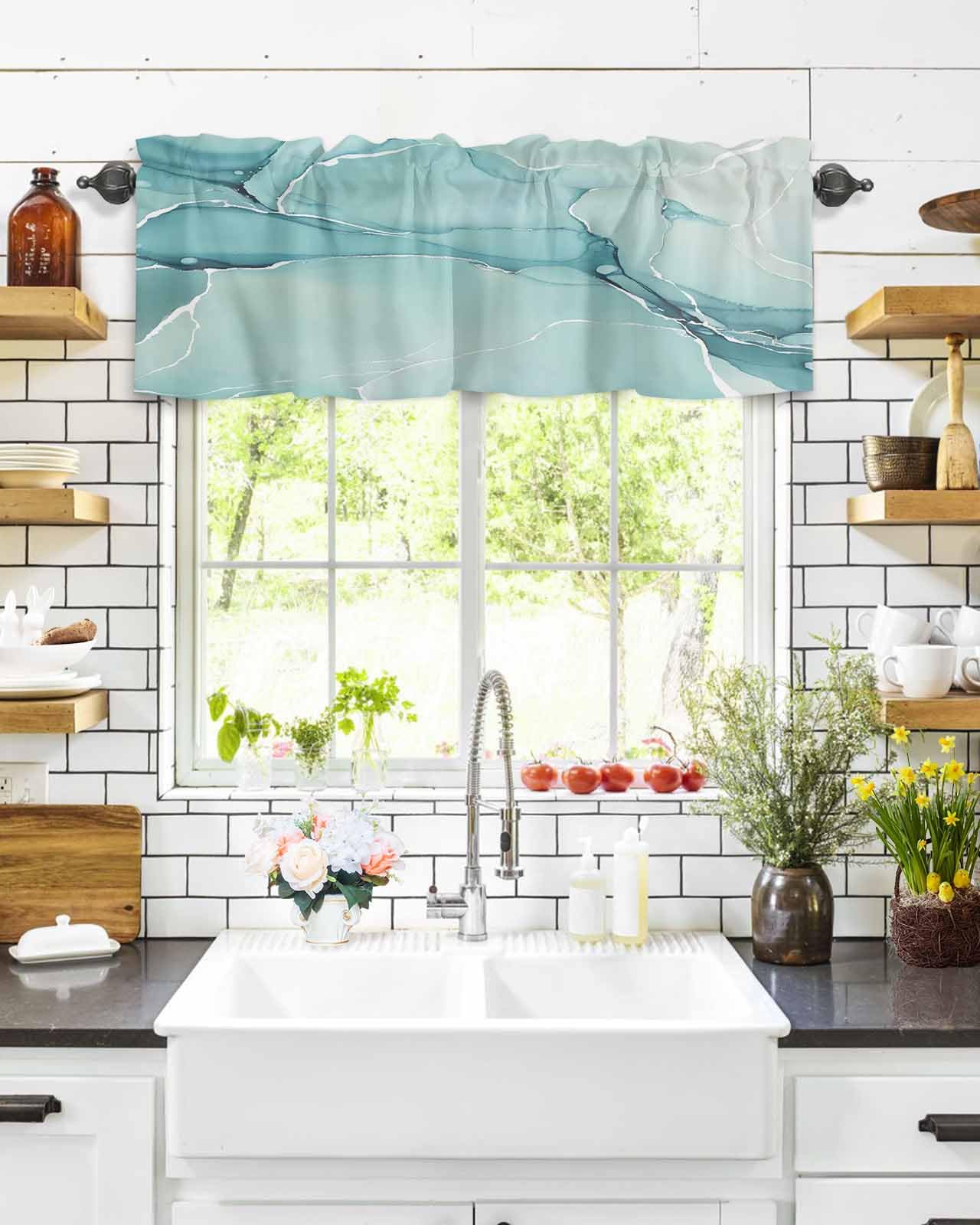 Marble Window Valance - Teal Blue Farmhouse Design for Living Room & Bedroom Decor