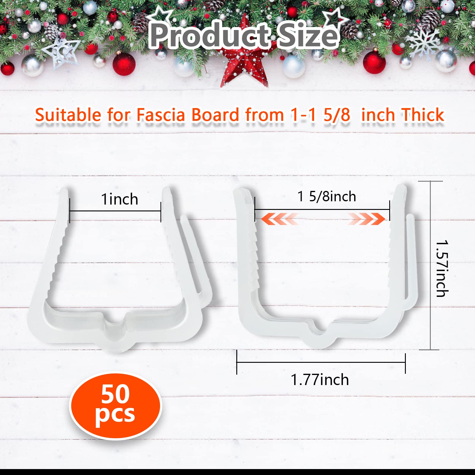 50PCS Christmas Light Clips for Outdoor & Indoor - Plastic Holiday Light Hangers for Fascia Boards, Deck Railings (Fits 1