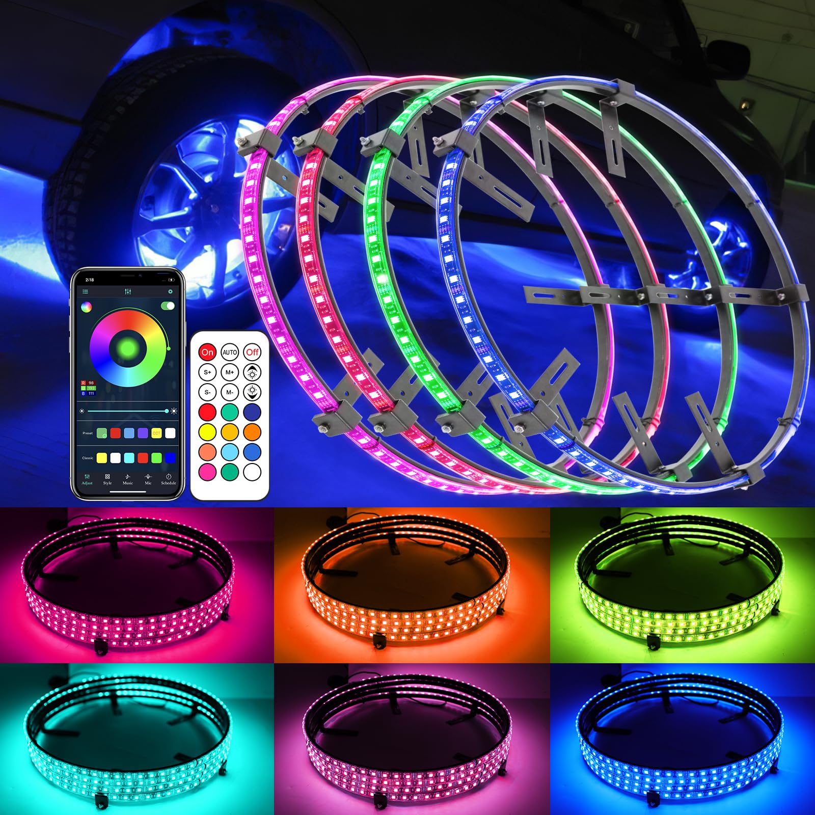4PCS 15.5 Inch RGB LED Wheel Rim Lights with Bluetooth & Remote Control - Car Wheel Ring Light Kit with Turn Signal & Braking Function for Pickup Trucks, SUVs & Cars | Enhance Night Driving Safety & Customize Your Ride