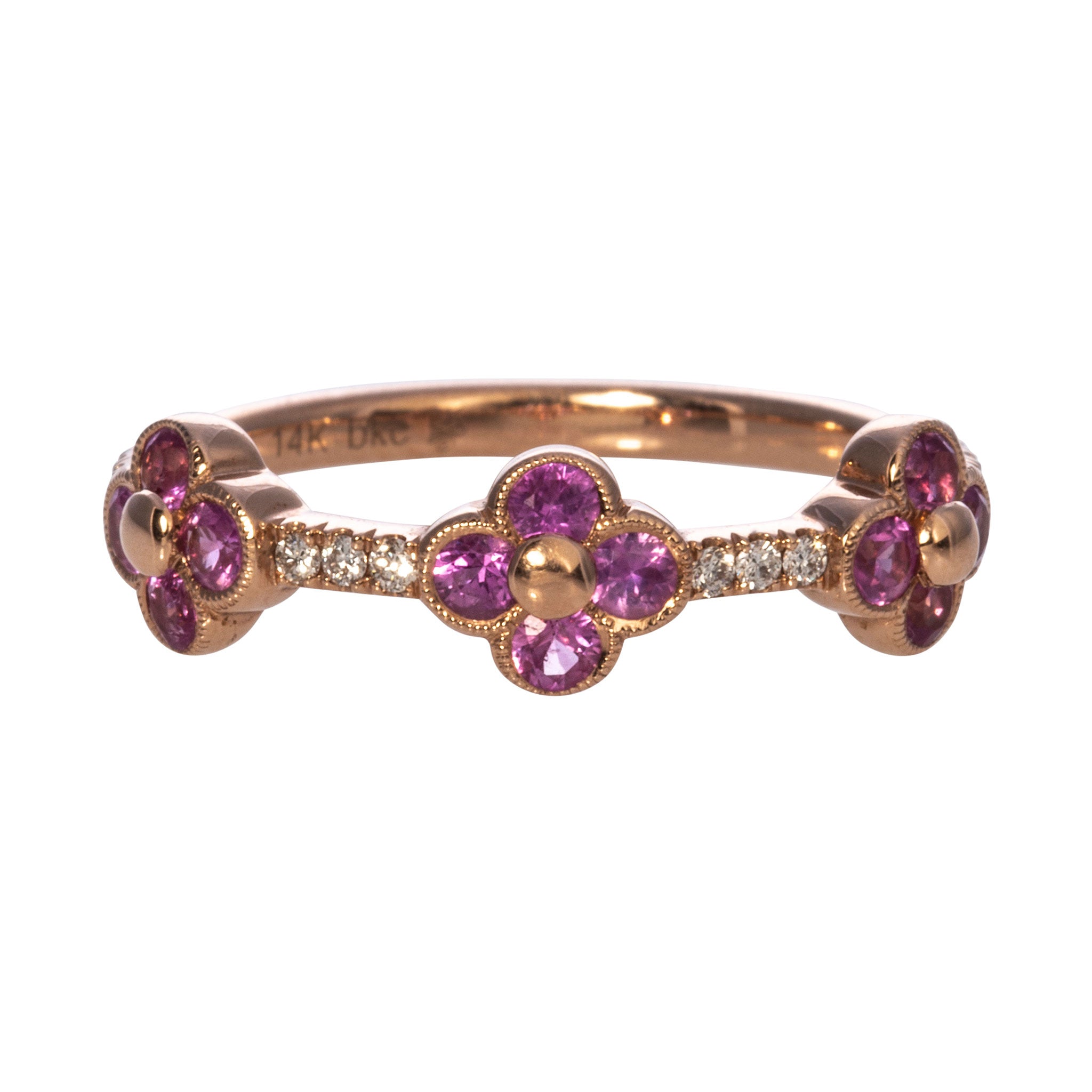 14K Rose Gold Pink Sapphire & Diamond Clover Halfway Band Ring - Elegant Jewelry for Women, Perfect for Anniversary, Engagement & Everyday Wear