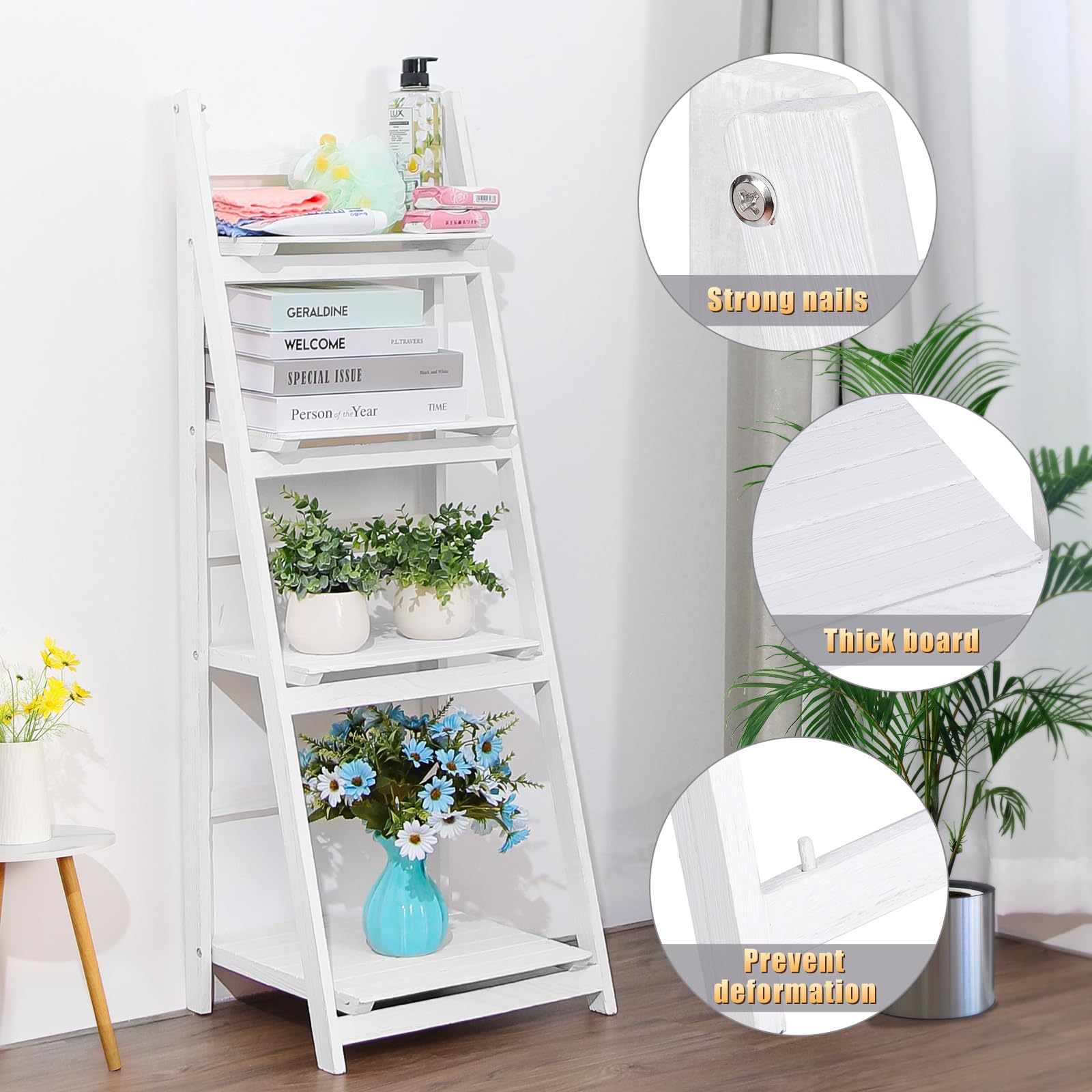 Foldable Wooden Ladder Shelf - 5-Tier Multi-Purpose Storage Organizer for Plants, Books & Home Decor | Indoor/Outdoor Use in Living Room, Office, Balcony, Patio & Garden (White)