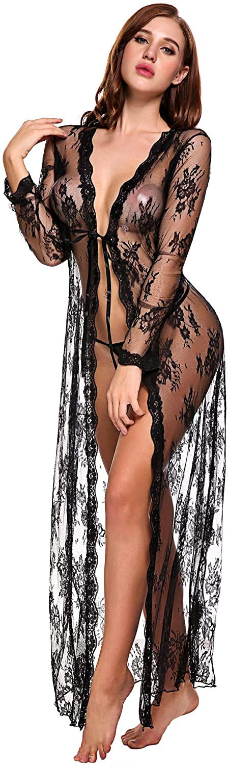 Sexy Long Lace Dress Sheer Gown - Women's See Through Kimono Robe Lingerie for Date Night & Boudoir Photography