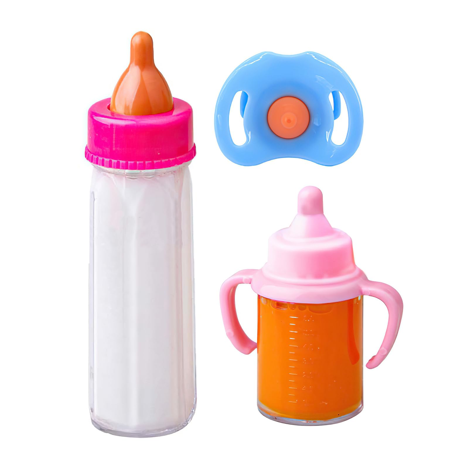 Magic Baby Doll Feeding Bottle Set - Flexible Milk & Juice Bottles with Pacifier - Realistic Doll Accessories for Girls - Perfect for Pretend Play, Tea Parties & Role-Playing Games