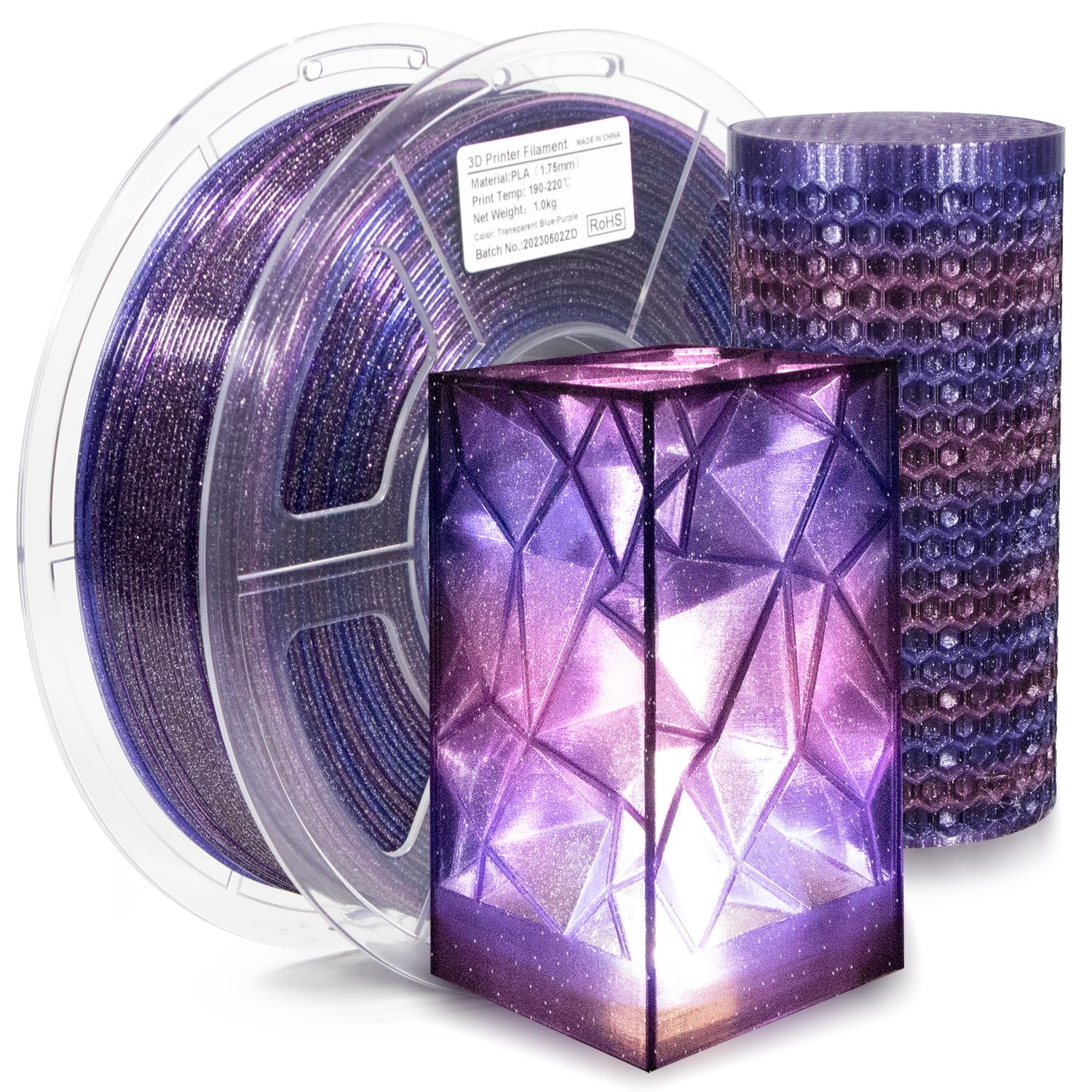 iSANMATE 3D Printer Filament 1KG/2.2lb - Clear PLA Multicolor Transparent Glitter Filament with Gradient Purple Blue Galactic Effect - Perfect for Cosplay Props, DIY Crafts, and Artistic 3D Printing Projects