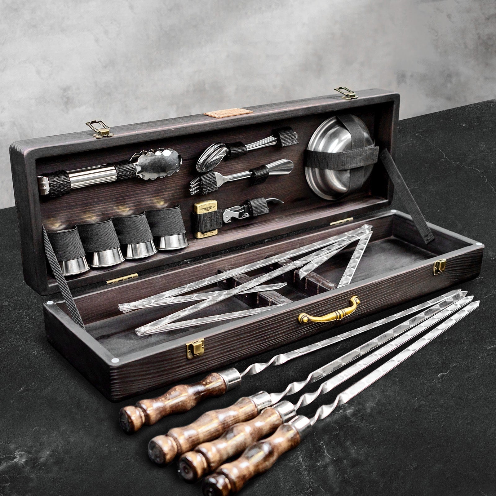 Premium BBQ Skewers Set with Wooden Case - 25-Piece Stainless Steel Grilling Accessories for Outdoor Cooking, Camping & Backyard Parties