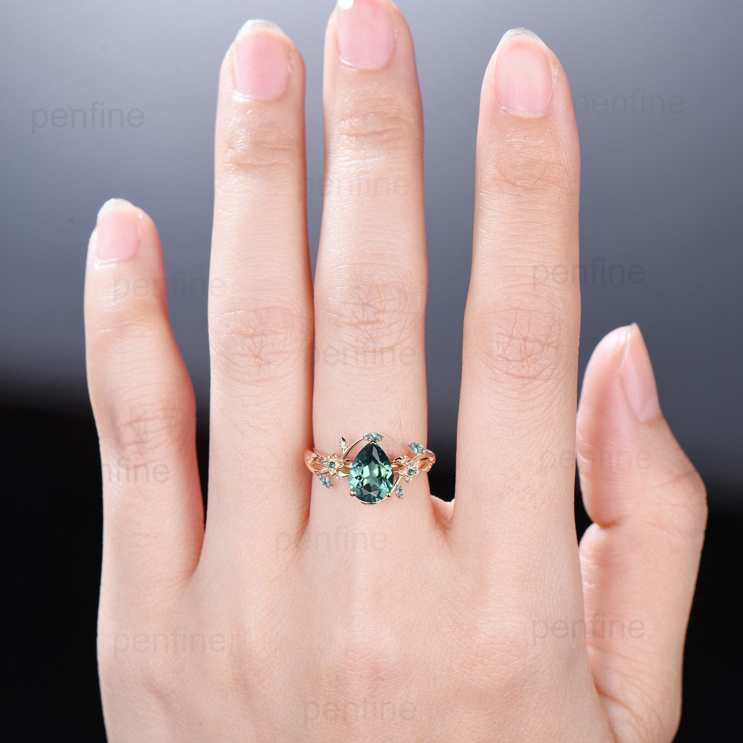 Elegant Pear Green Sapphire Ring – Nature Inspired Teal Sapphire Engagement Ring with Flower Green Agate – Wedding Ring Emerald Branch Leaf Vine Design – Perfect for Engagement, Anniversary & Special Occasions