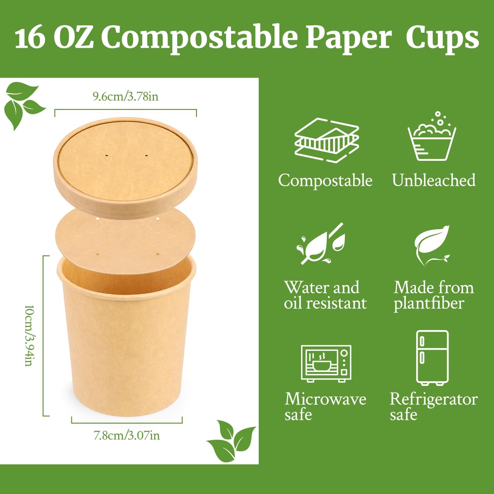 16 Oz Compostable Paper Soup Containers with Lids - 25 Pack Biodegradable Disposable Bowls for Hot & Cold Food | Heavy Duty To-Go Containers for Soup, Ice Cream, Yogurt | Perfect for Restaurants, Catering & Takeout Meals