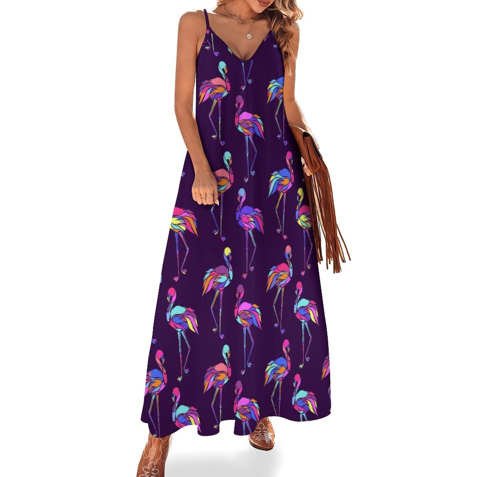 FOWLOVY Women's Geometric Print Maxi Dress with Pockets - V Neck Summer Sundress, Sexy Cocktail Dress for Beach, Party & Casual Wear