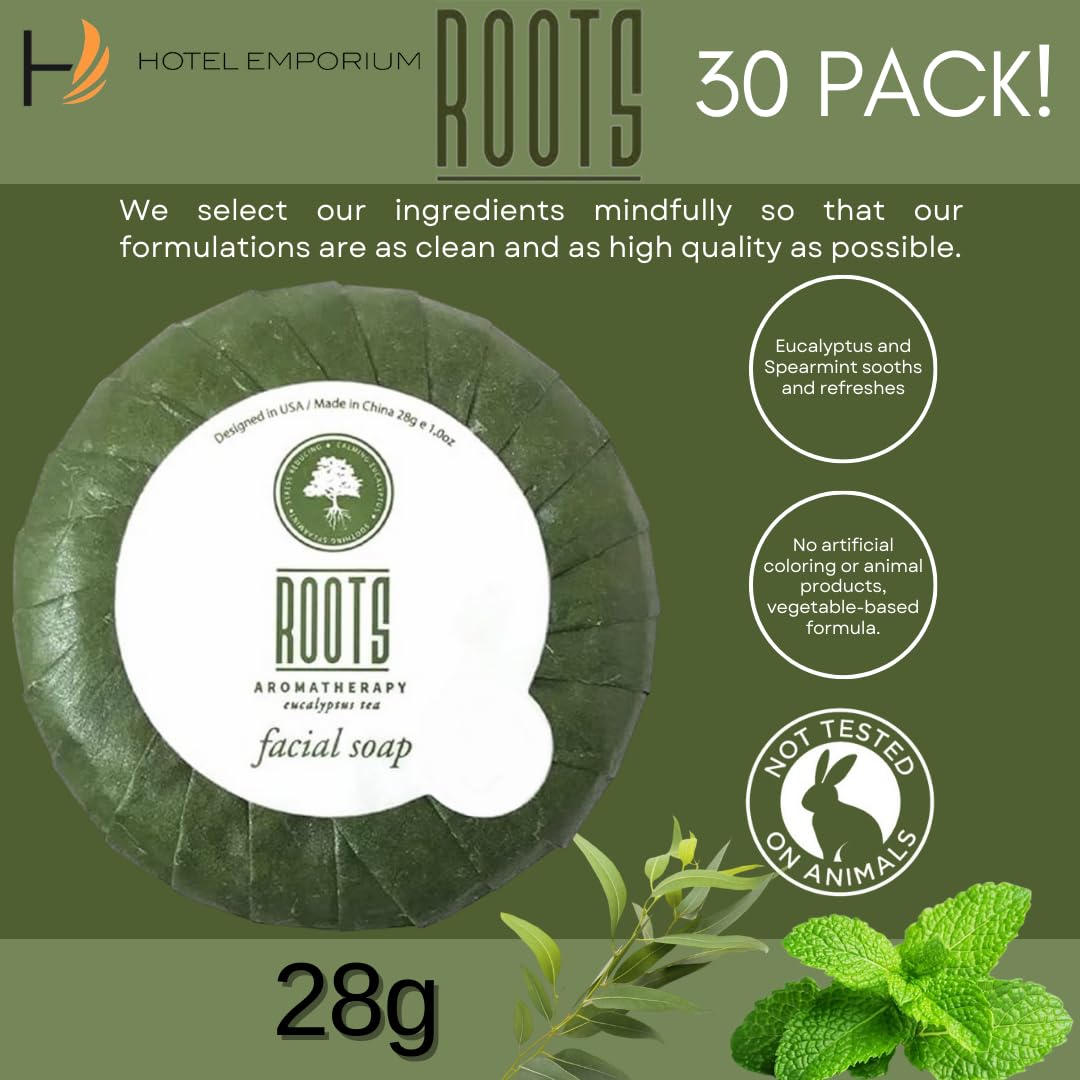 **Roots Aromatherapy Eucalyptus Tea Facial Soap - 1oz/28g Travel Size (30 Pack) - Bulk Hotel Toiletries for Bathroom, Guests, Lodging & Motels - Perfect for Travel, Spa & Home Relaxation**