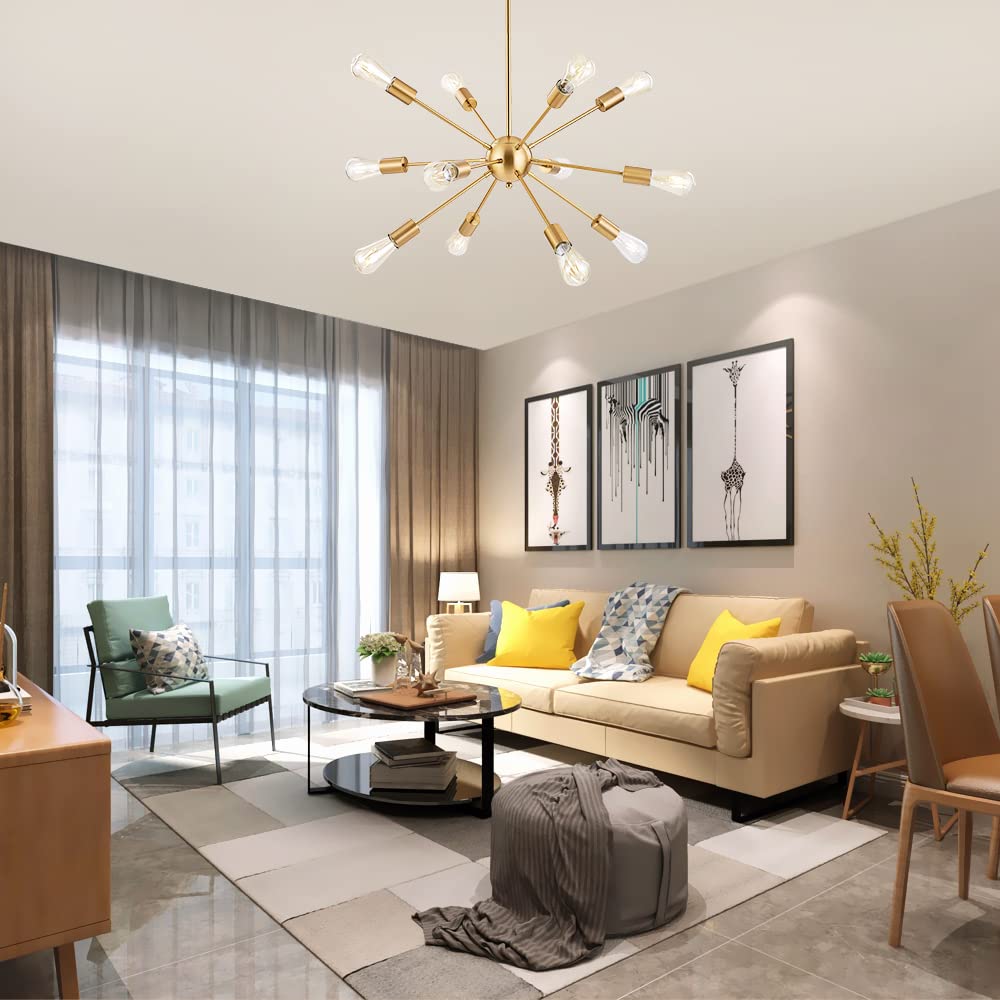 BONLICHT 12-Light Brushed Brass Sputnik Chandelier - Mid Century Modern Gold Pendant Light for Kitchen Island, Dining Room, Living Room, Bedroom & Bar | Contemporary Ceiling Hanging Fixture for Home Decor