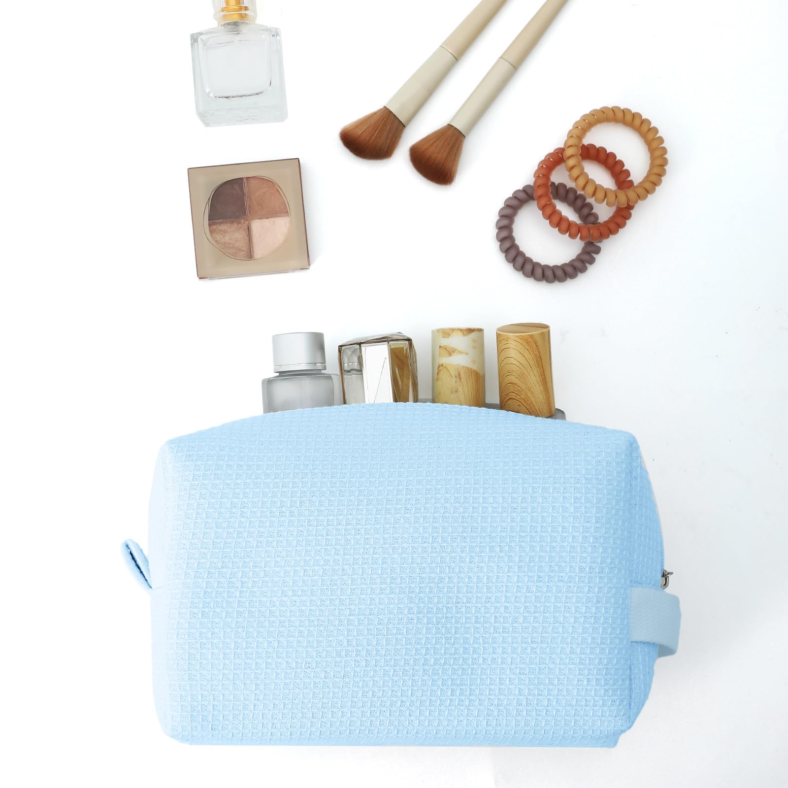 DYSHAYEN Waffle Makeup Pouch Bag - Small Travel Cosmetic Organizer for Women | Perfect Gift for Bridesmaids, Wedding & Christmas (Blue) | Ideal for Travel, Daily Use & Makeup Storage