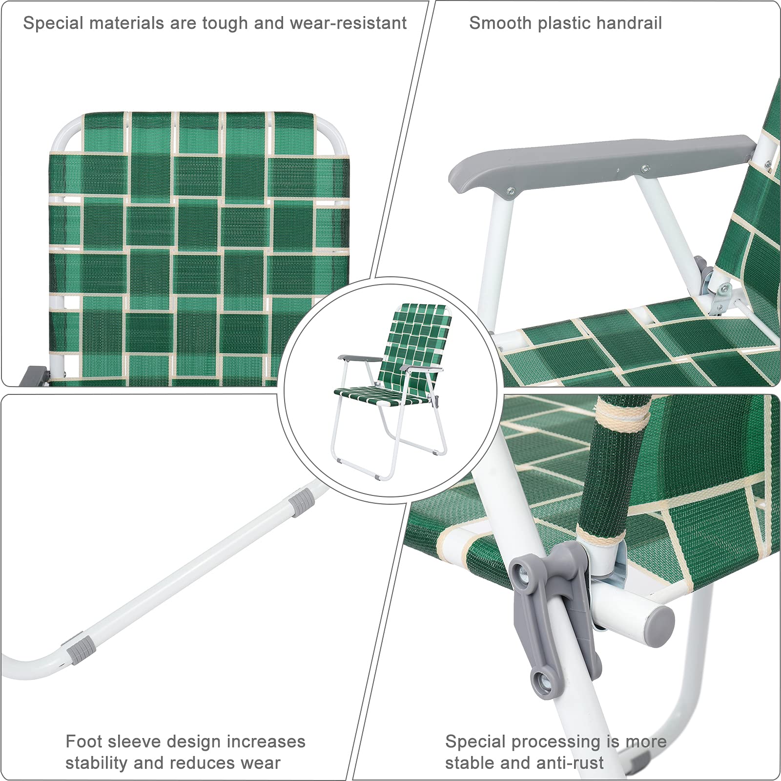 2-Pack Lightweight Folding Beach Chairs - 265lbs Capacity Steel Frame Portable Outdoor Chairs for Patio, Lawn, Pool, Camping & Beach (Dark Green) - Perfect for Backyard Relaxation, Picnics & Summer Travel