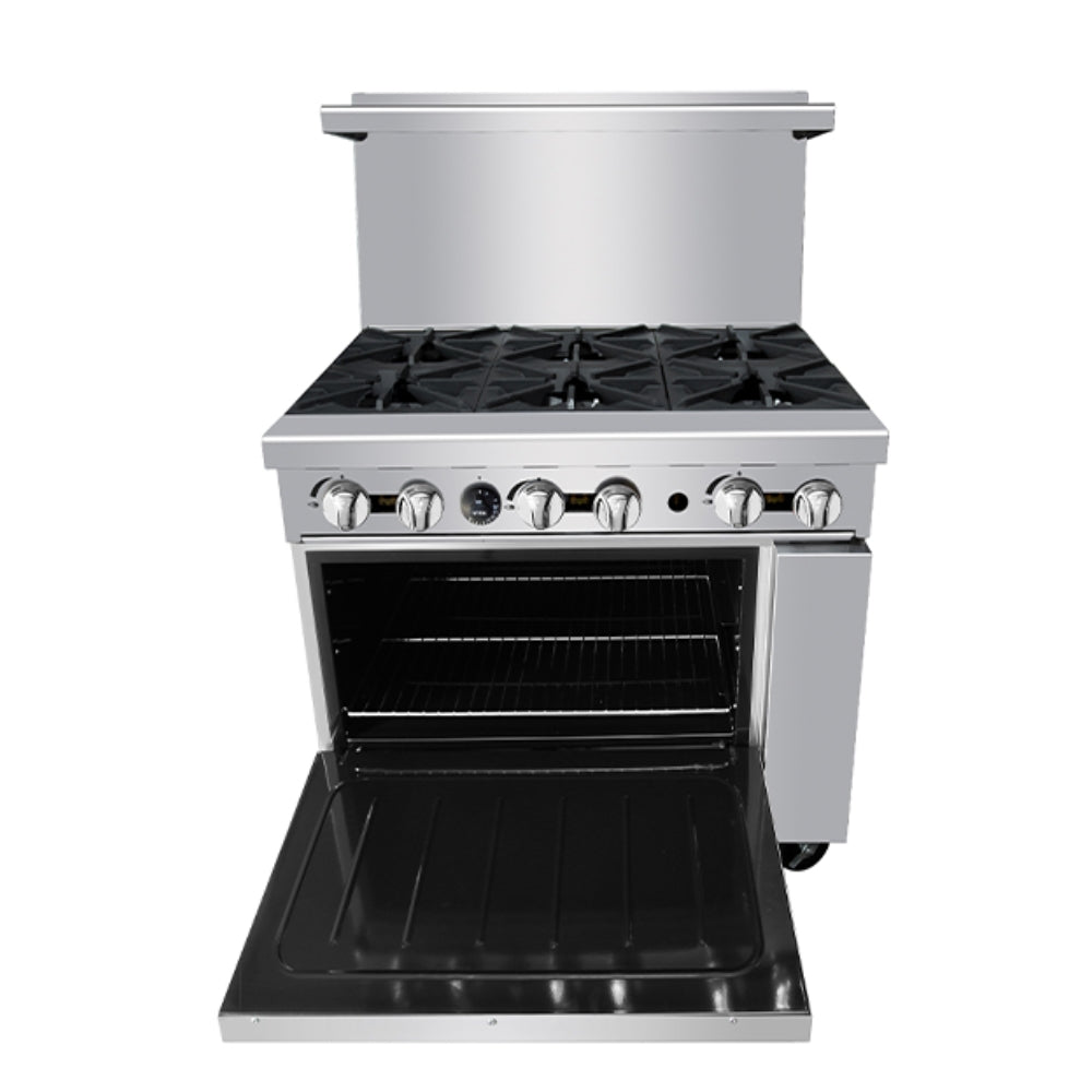 Atosa 36-Inch Commercial Gas Range with 6 Burners & Oven - 192,000 BTU Natural Gas - Perfect for Restaurants, Catering & Commercial Kitchens