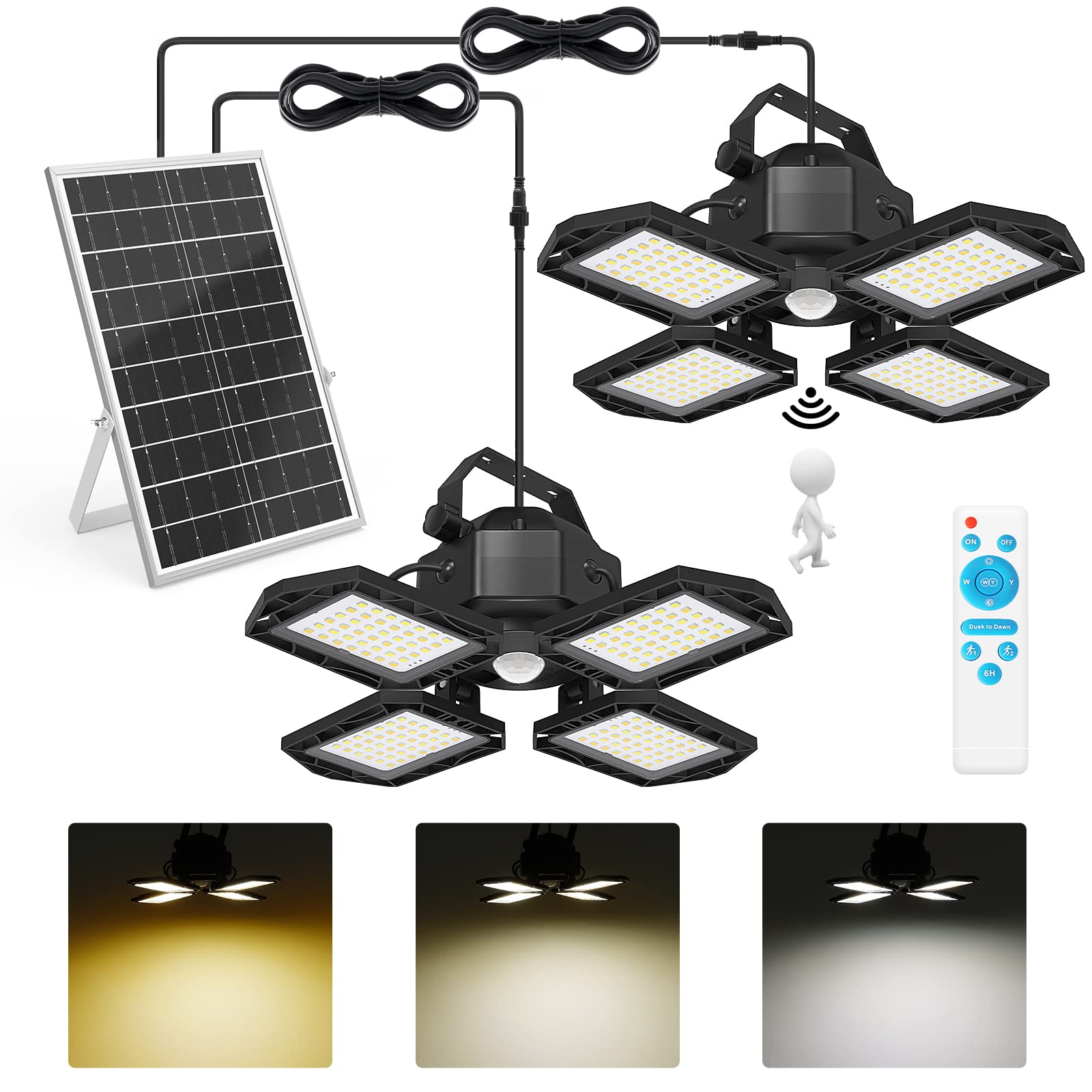 NIORSUN Solar Outdoor Lights with Motion Sensor - 3 Colors, 4 Modes, Remote Control - Waterproof Security Lighting for Garage, Shed, Home, Barn (2 Pack) | Perfect for Pathway, Garden, Deck & Patio Illumination