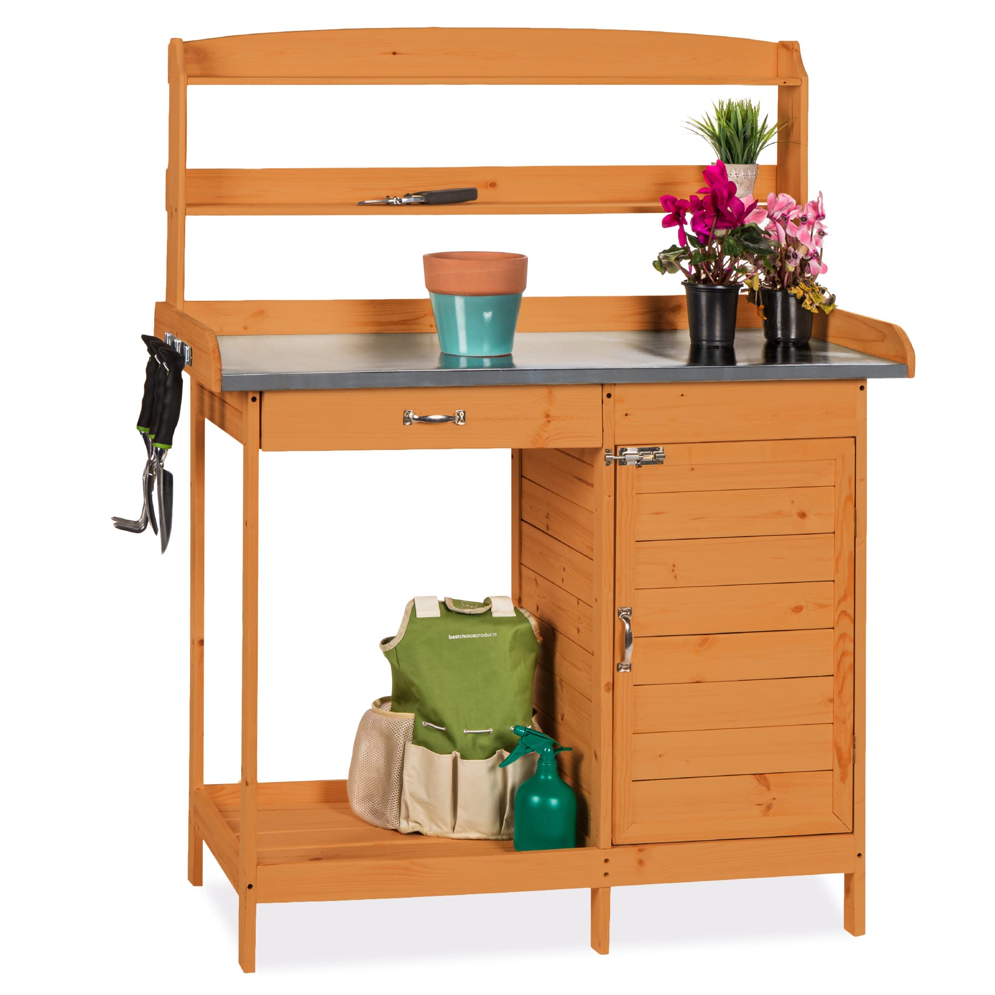 Best Choice Products Outdoor Wooden Potting Bench with Metal Table Top - Pre-Stained Brown Finish, Storage Cabinet, Sliding Drawer & Large Bottom Shelf - Perfect for Gardening, DIY Projects & Backyard Organization