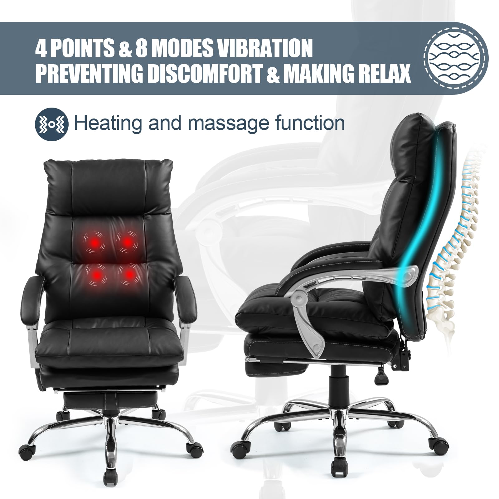 400lbs Big and Tall High Back Executive Leather Office Chair - Ergonomic Reclining Computer Desk Chair with Footrest | Heavy Duty Comfort for Home & Office Workspace (Black)