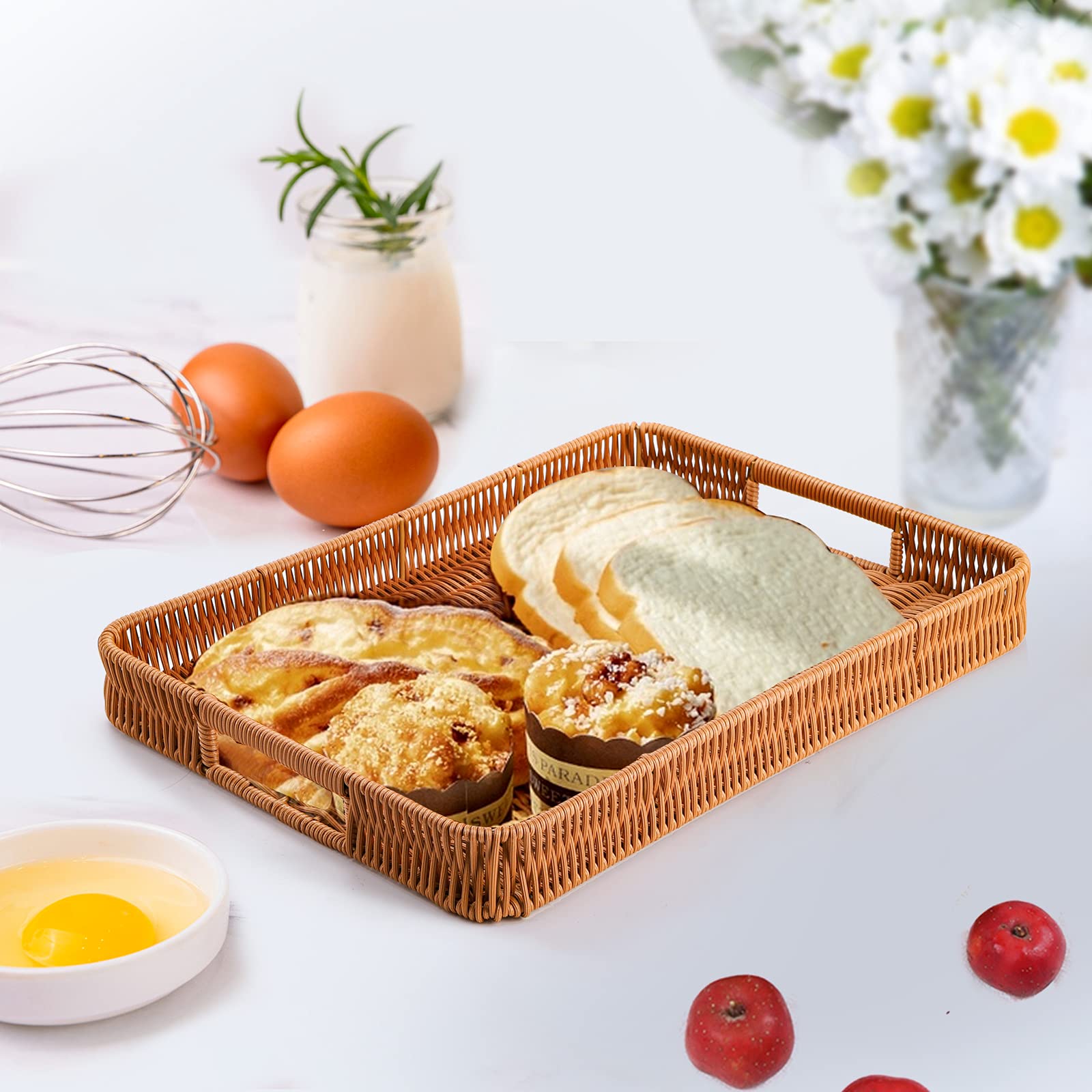 Yarlung 3-Pack Woven Storage Baskets with Handles - Rectangular Poly Wicker Serving Trays for Bread, Fruit, Vegetables, Snacks & Drinks - Perfect for Breakfast, Dining Table, Coffee Table & Kitchen Organization (3 Sizes)