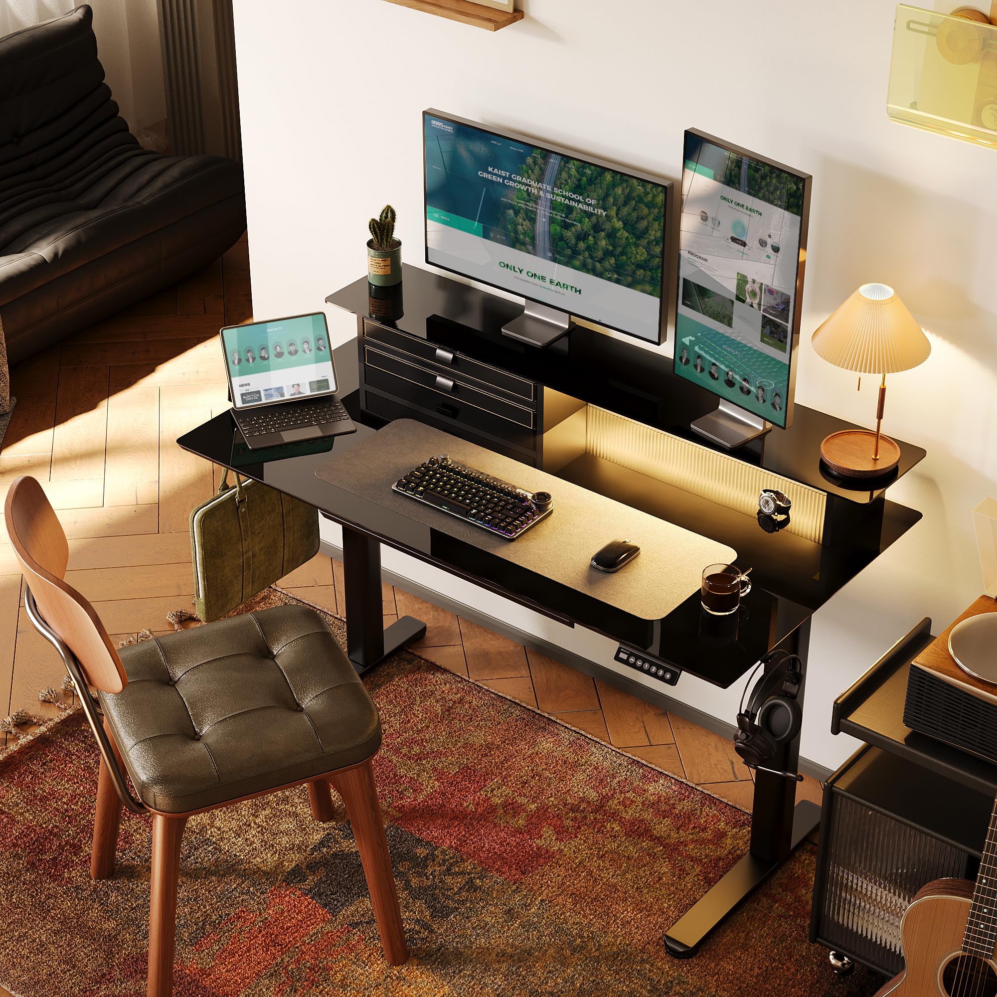 48x24 Inch Height Adjustable Glass Standing Desk with 3 Drawers, USB Ports & LED Lights - Electric Stand Up Desk with Monitor Stand for Home Office, Gaming Setup, and Modern Workspace (Black)