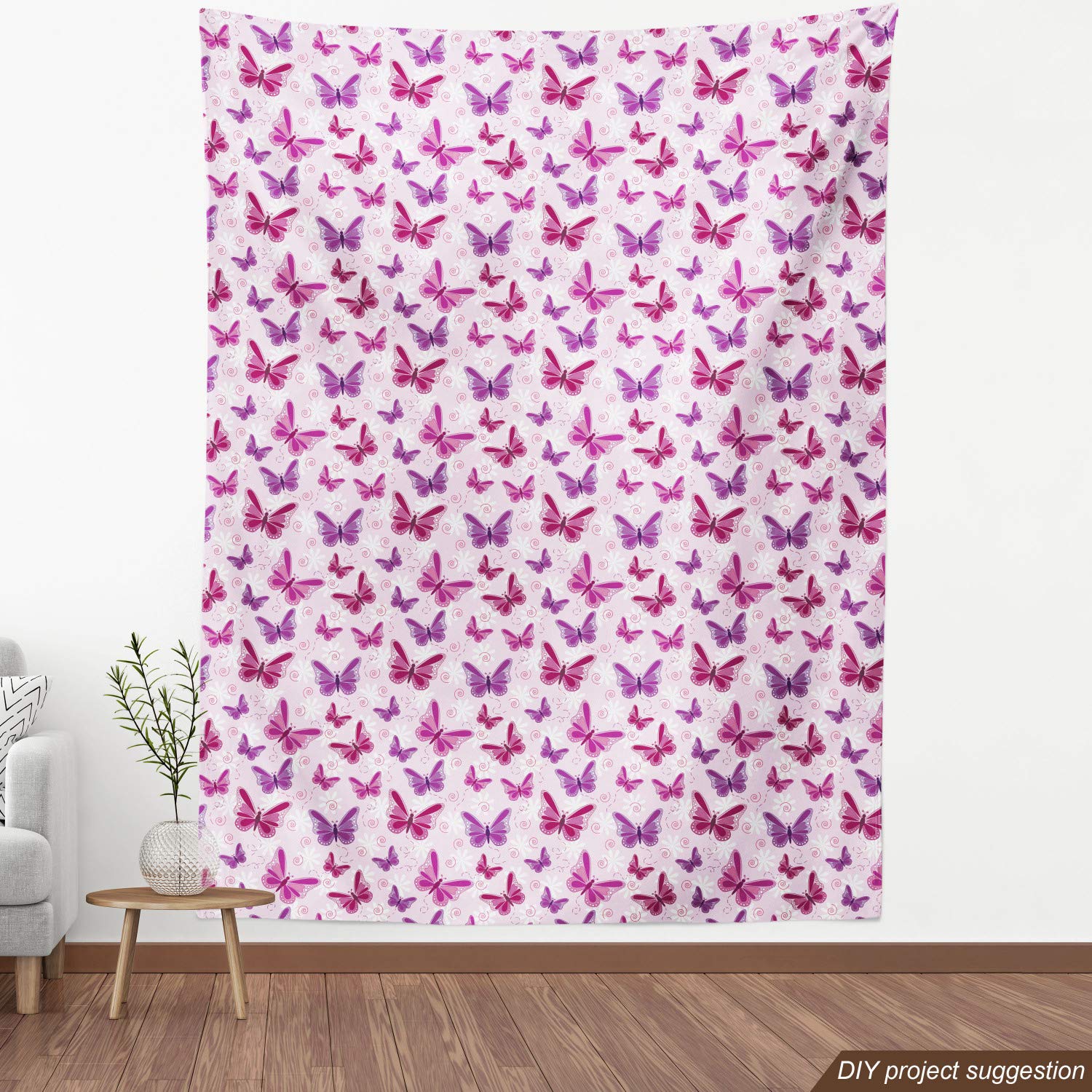 Ambesonne Purple Fabric by The Yard - Abstract Butterfly Floral Print Upholstery Material for Sofa, Curtains & Home Decor | 10 Yards Soft Maroon Purple Pale Pink | Perfect for DIY Projects, Bedding & Crafting