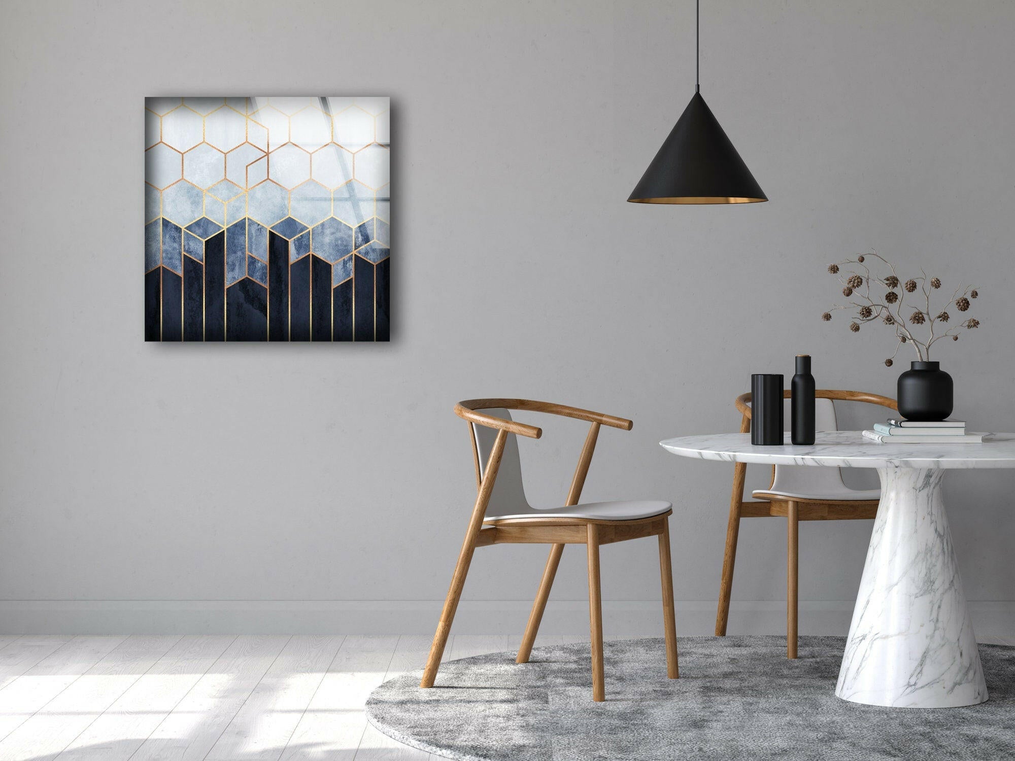Blue Hexagons Abstract Glass Wall Art - Modern Geometric Home Decor for Living Room, Bedroom & Office