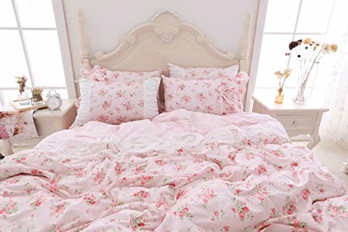 LELVA Romantic Roses Print Duvet Cover Set with Bed Skirt - Pink Lace Ruffle Floral Shabby Chic Bedding 4-Piece Set for Twin Bed | Perfect for Boho Bedroom Decor & Guest Room Makeover